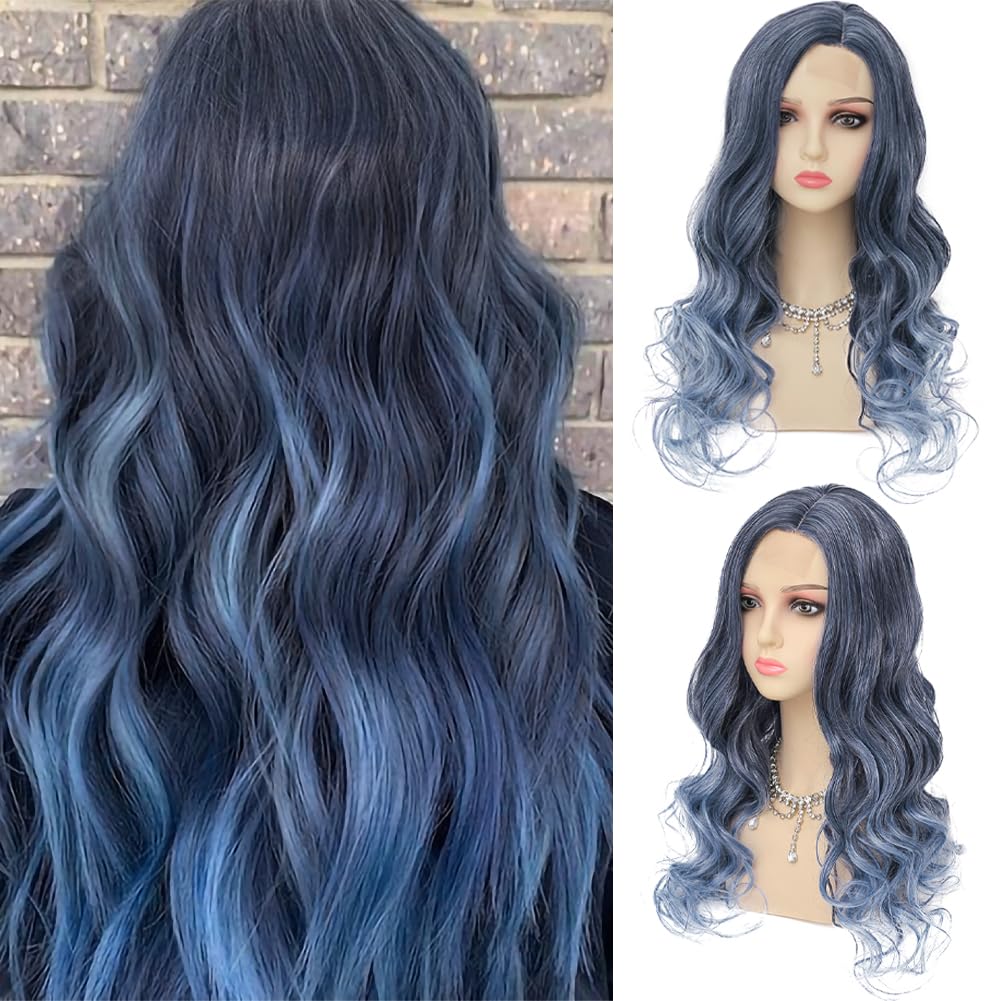 Dai Cloud Ombre Blue Wigs for Women Long Curly Wave Wigs Middle Part Hair Natural Synthetic Hair Halloween Cosplay Wig