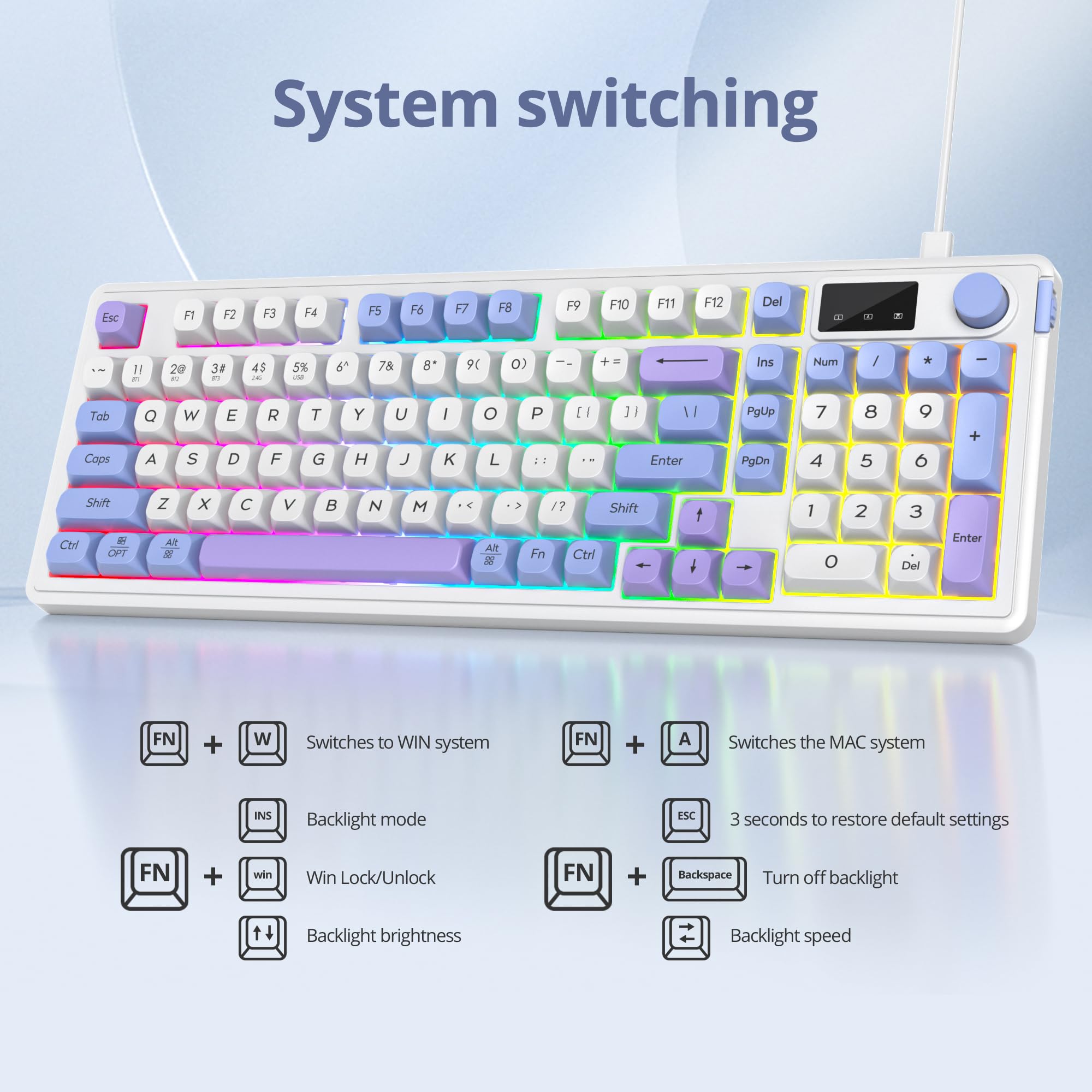 SOLIDEE Clavier Membrane Sans Fil 96% avec Bouton,Triple Mode Filaire/Bluetooth 5.0/2.4G,Structure Gasket&Rétroéclairage RGB,Silent Sensation Mécanique,Clavier Crème avec Pavé Numérique(Sea Salt)