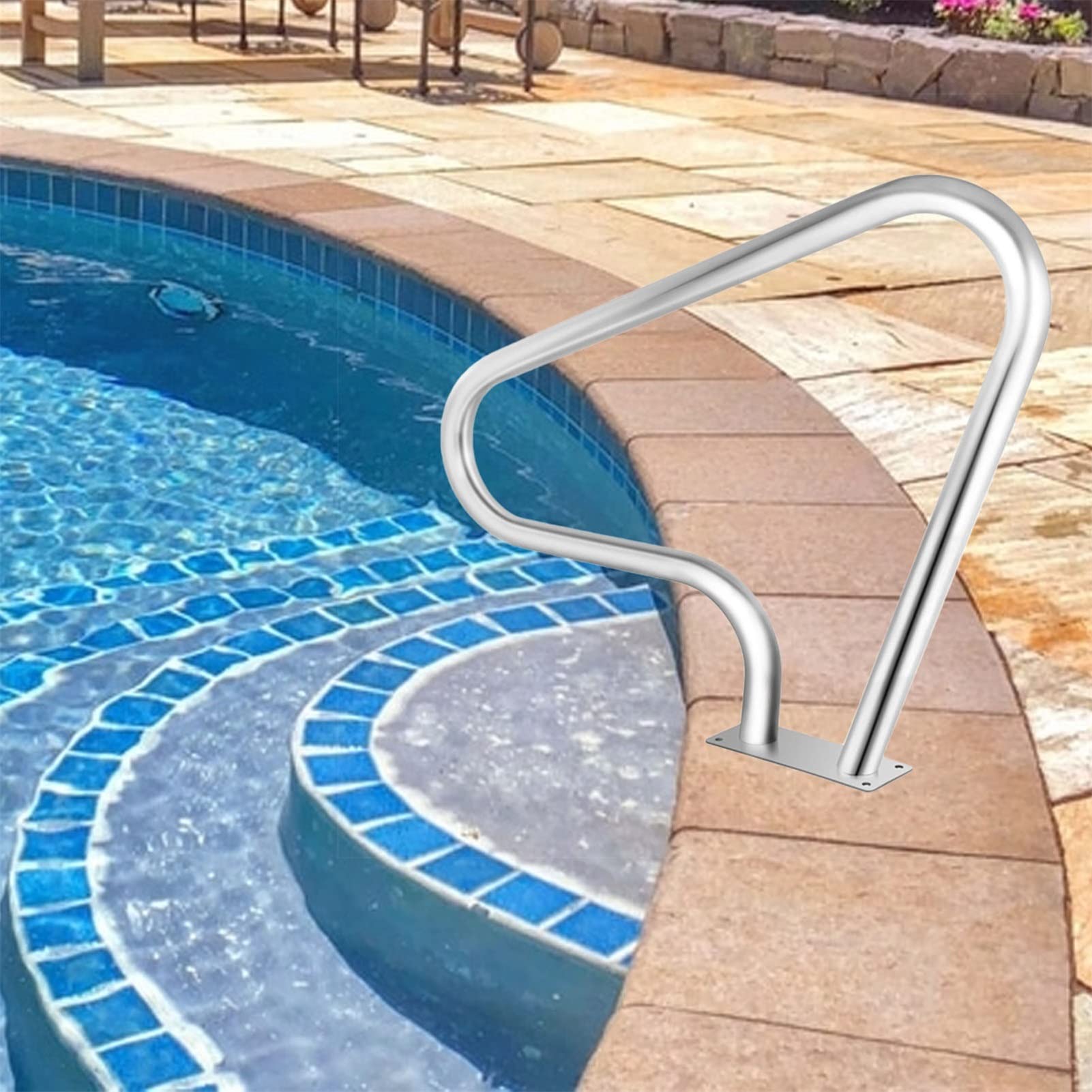 Fodalob Barandilla para Piscina 98x81cm Barandilla para Piscina Acero Inoxidable 304 / Plata/A Prueba de Herrumbre/Cómodo/Barandilla para Piscina humanizada con Cubierta de Agarre Azul