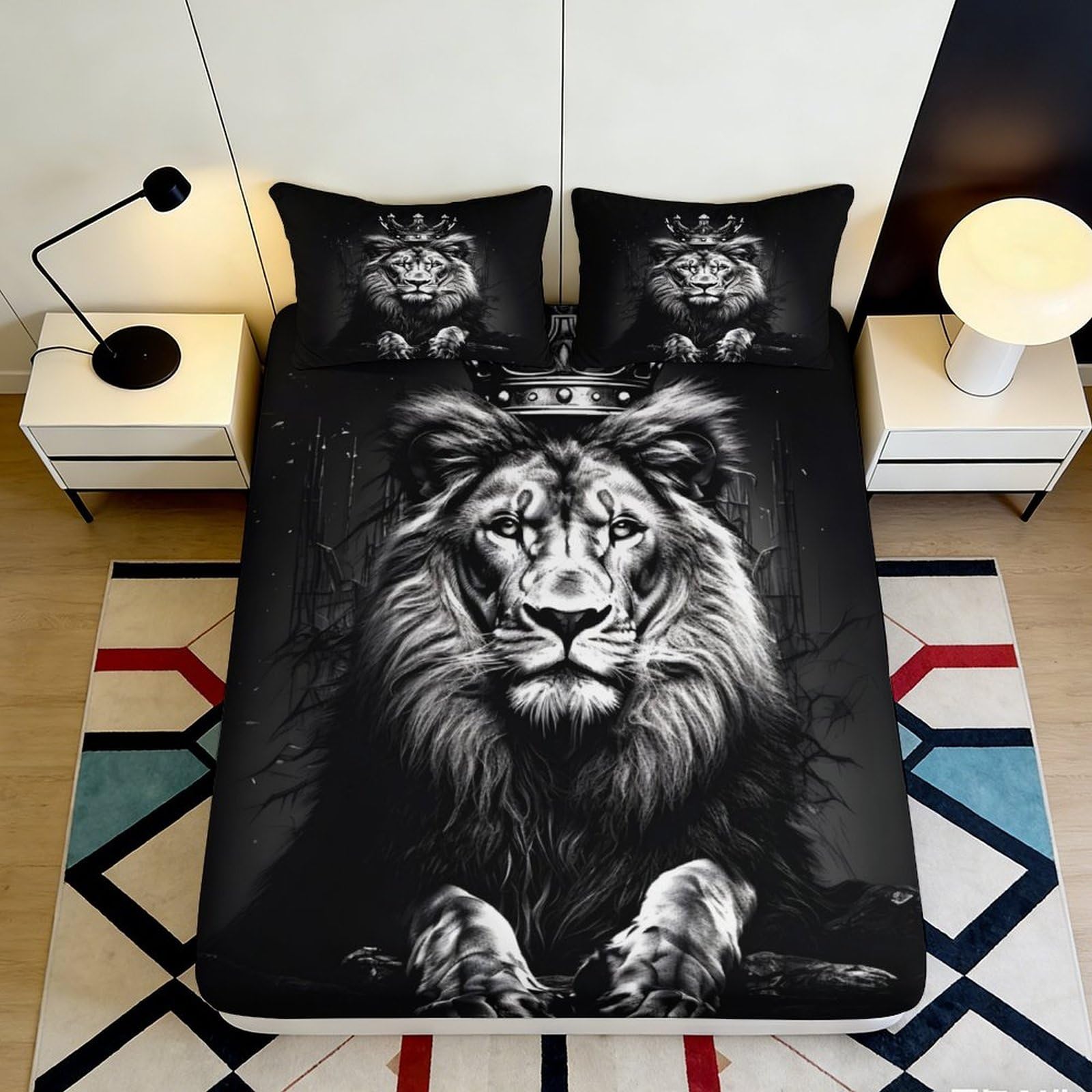 3D Printed Lion Black Fitted Sheet Microfiber Durable Breathable Crown Lion Bed Cover for Bedroom Dormitory Guest Room Mattress Protection 180x200x25cm