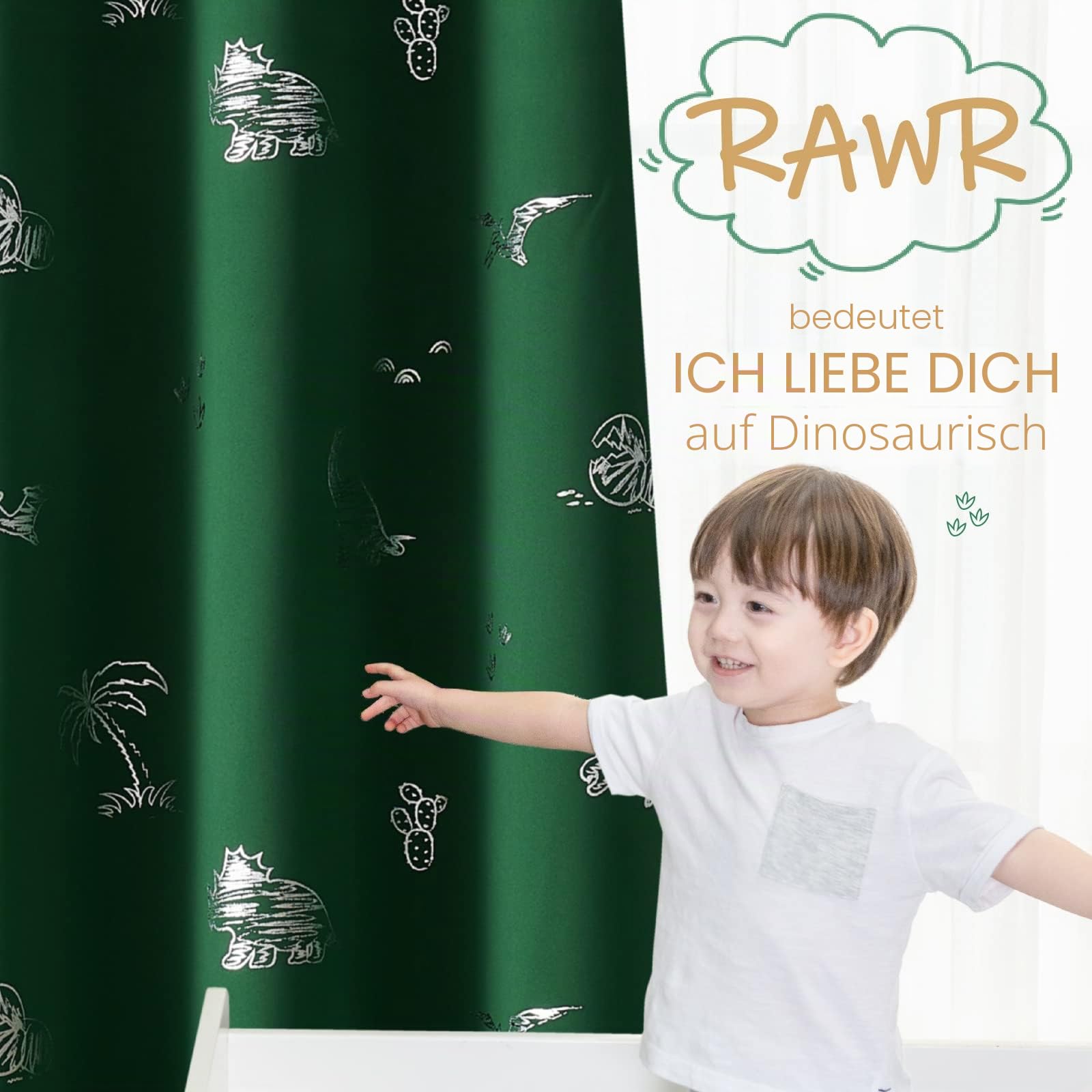 Vangao Kinder-Vorhänge, grün, verdunkelnd, Dinosaurier-Vorhänge für Jungen, Kinderzimmer, Mädchenzimmer, silberfarbener Dino-Foliendruck, wärmeisoliert, Ösen, Fensterbehandlungen, 160 cm Länge, 2