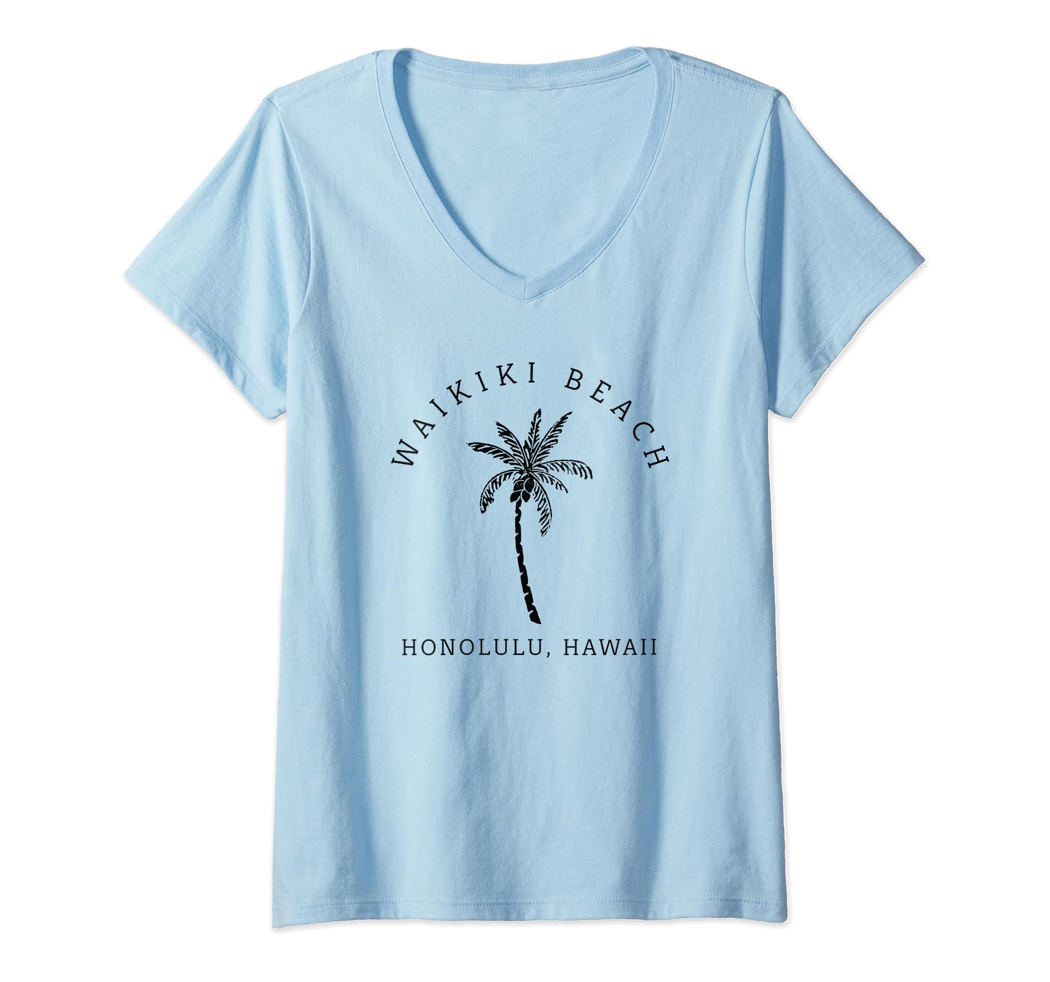 Womens Retro Cool Waikiki Beach Hawaiian Island Palm Tree Souvenir V-Neck T-Shirt