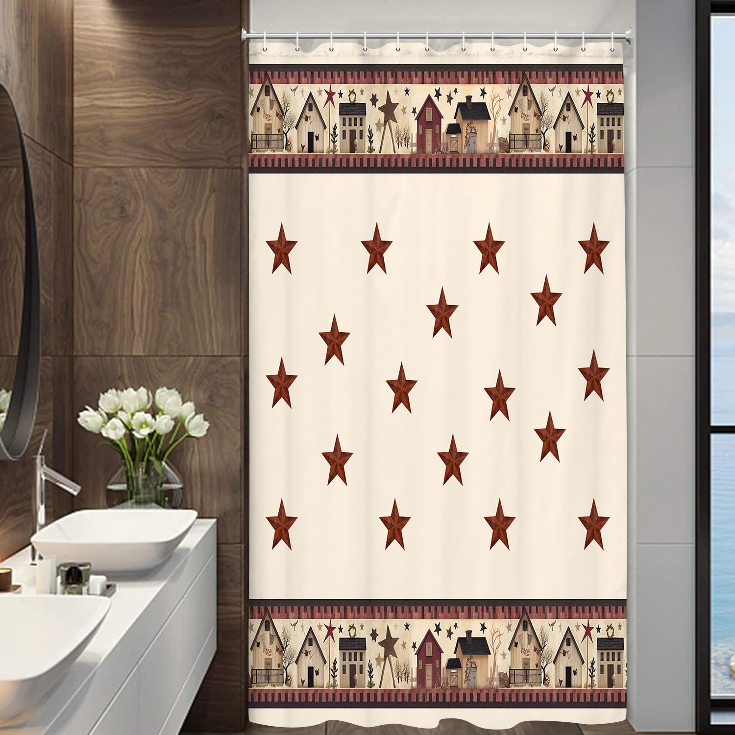 JAWO Rustic Country Shower Curtains, Primitive Barn Star Relax Bath Outhouse Christmas Farmhouse Shower Curtain for Bathroom Decor Polyester Fabric