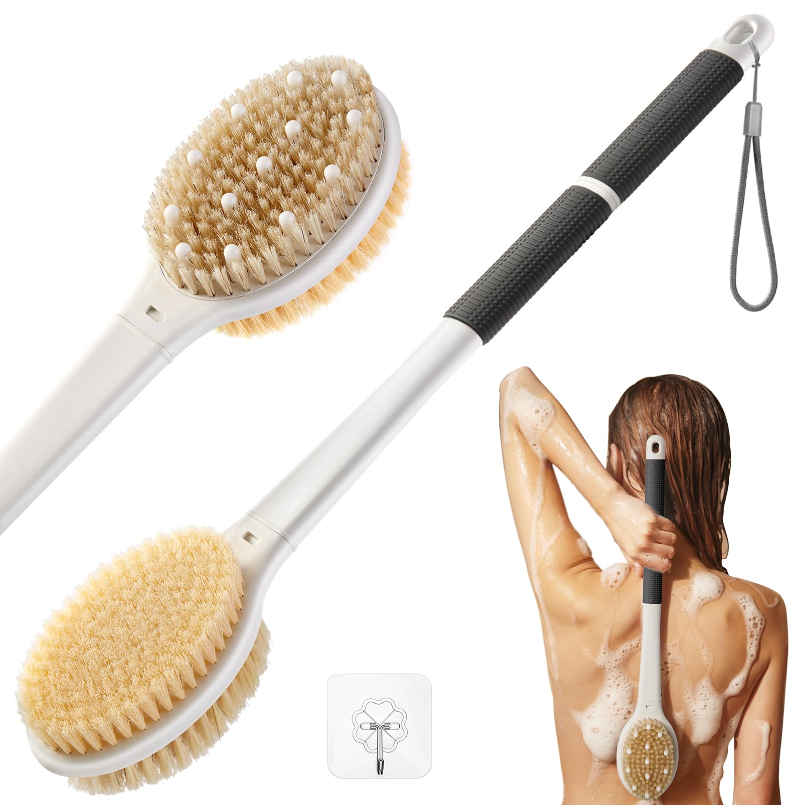 Back Scrubber Body Shower Brush: Massage & Exfoliation Dry Brush Anti Slip 18.1" Long Handle Bath Brush with Stiff and Soft Bristles