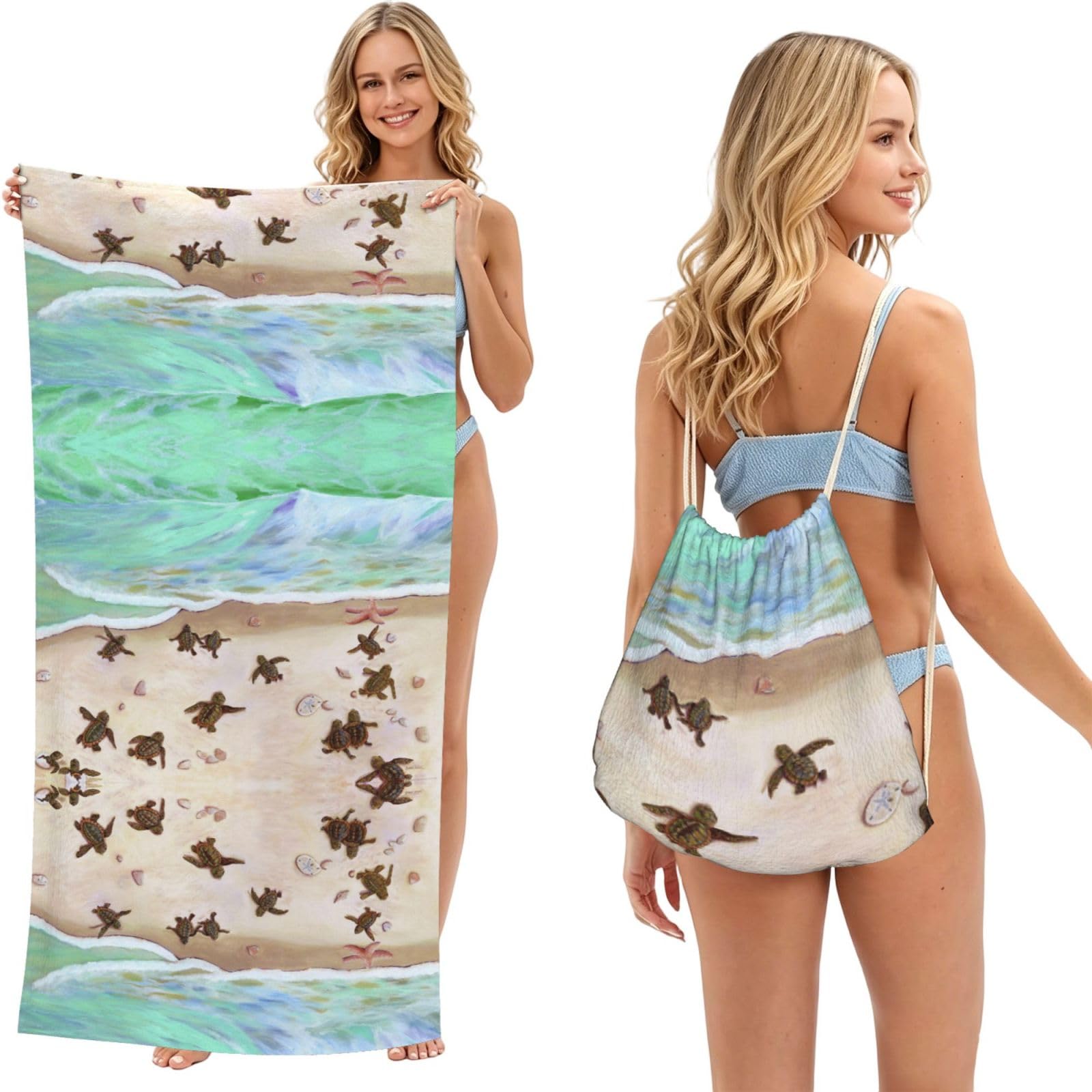 SATUSA Turtle Beach Print 2-In-1 Foldable Beach Towel Backpack â€“ Camping, Yoga And Travel,Bath Towel With Built-In Storage, Convertible Beach Mat & Carry Bag