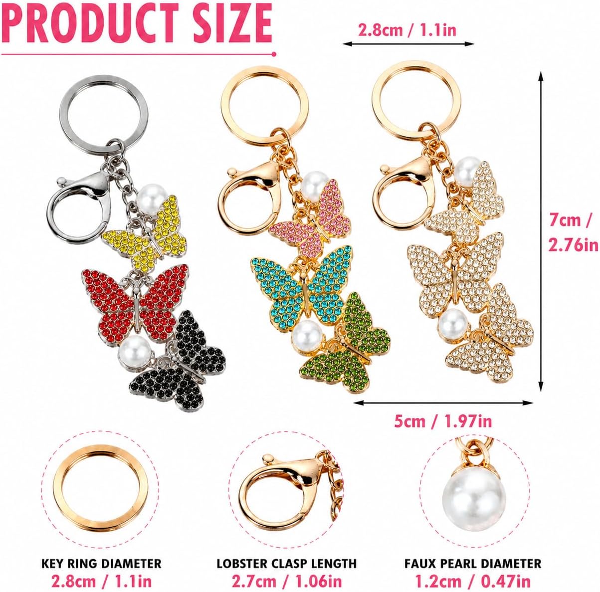 Set of 3 Rhinestone Butterfly Keychains – Colorful Crystal Butterfly Charm Key Rings with Faux Pearls, Elegant Gift for Women, Purse & Bag Accessories image 2