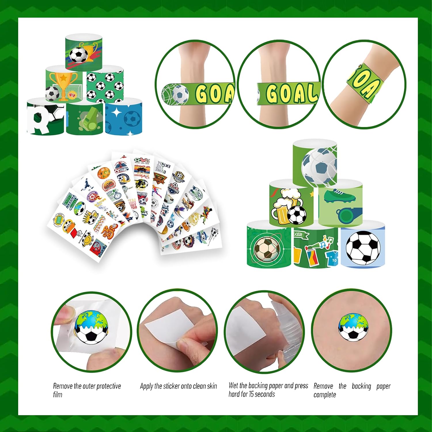 124PCS Soccer Party Favors, 24 Slap Bracelets & 100 Temporary Tattoos