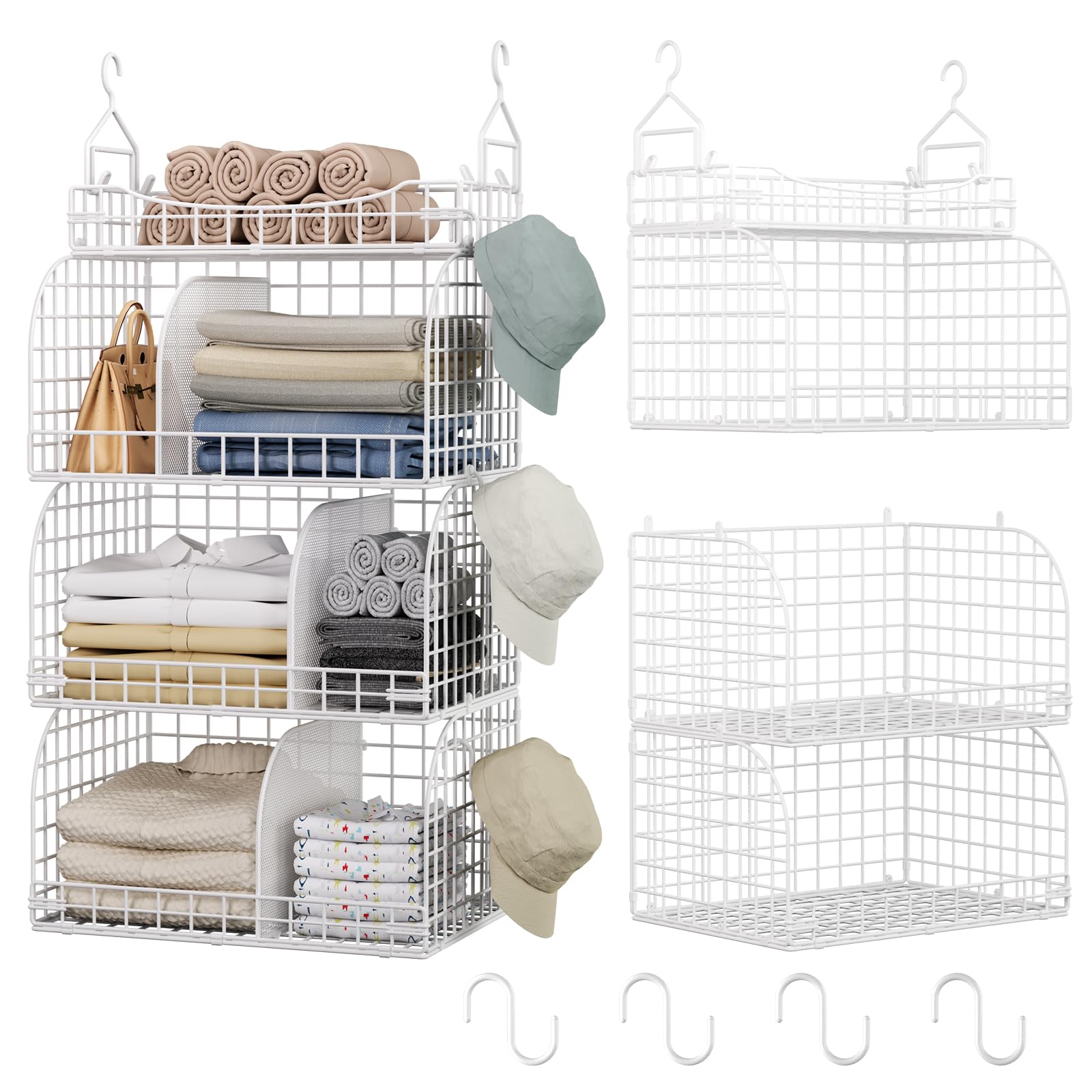 HapiRm Hanging Closet Organizer Storage - 3 Tier Metal Stackable Hanging Closet Shelves with Dividers and S Hooks, Foldable Clothes Shelves for