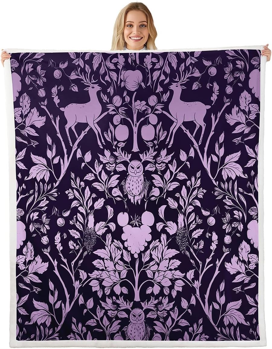 Erosebridal Vintage Red Damask Plush Bed Blanket Animal Print Deer Reindeer Owl Decor Fleece Blanket, Natural Flower Leaves Botanical Queen Blanket Victorian Antique Baroque Fuzzy Blanket