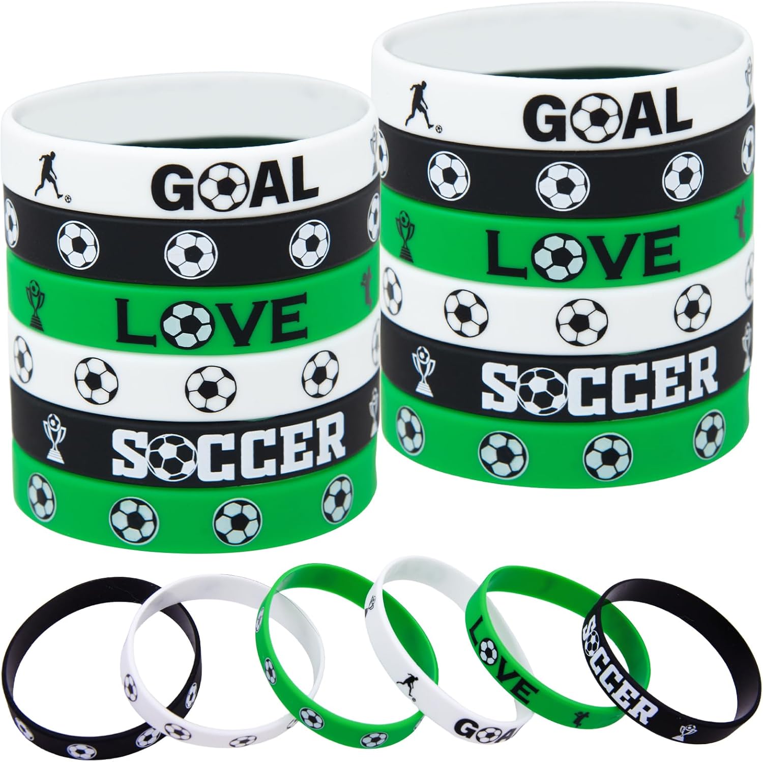 Soccer SIlicone Wristband 36PCS, Green Black White Soccer Rubber Bracelets for Sport Team