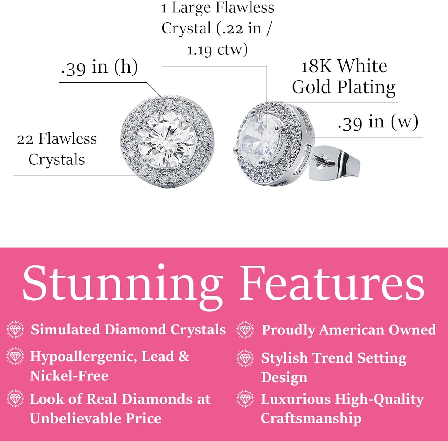 Miniatura 2 de Cate & Chloe Ariel - Aretes de tuerca chapados en oro blanco de 18 quilates, aretes de diamante simulado de plata, aretes de corte redondo, las