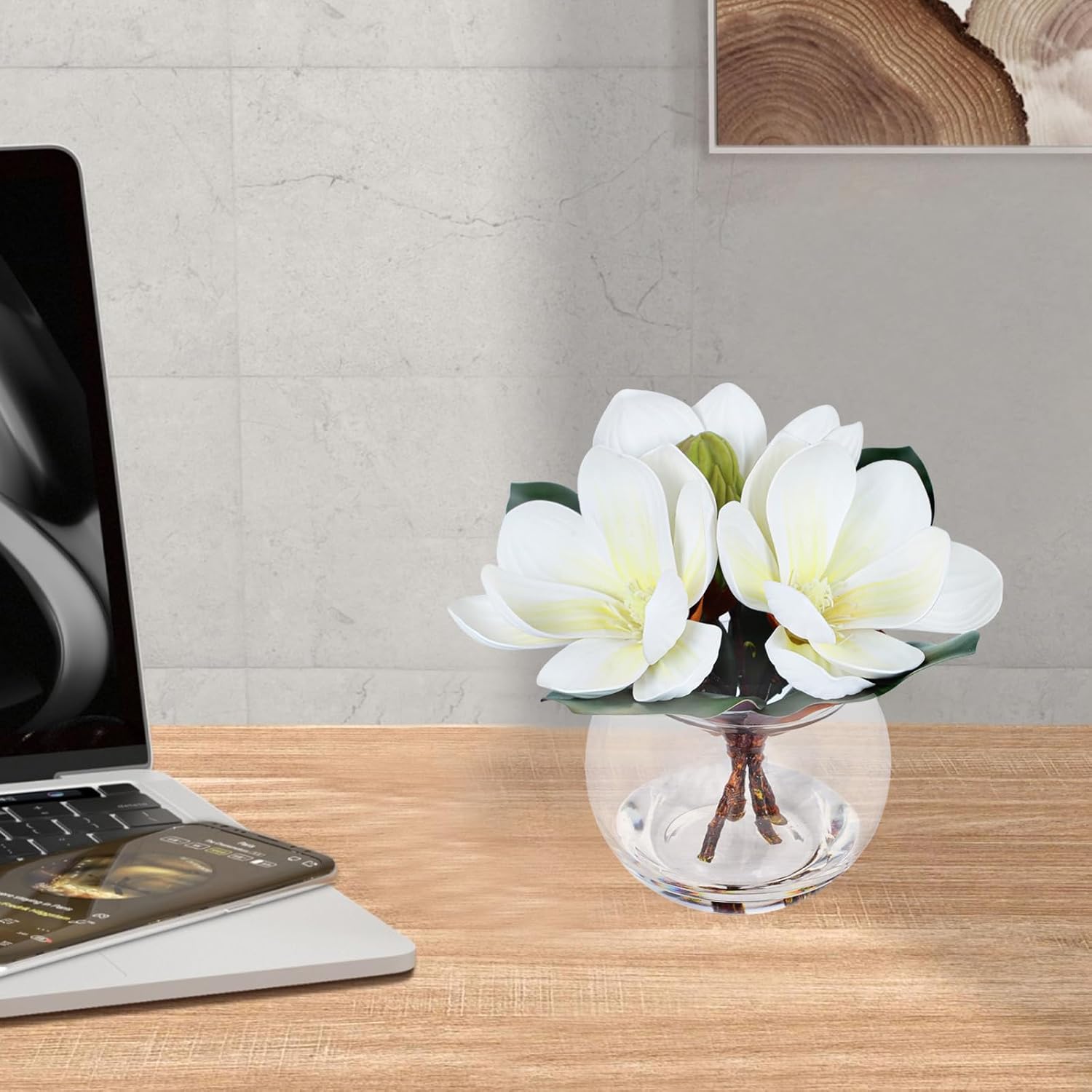 Artificial Magnolia Flowers with Vase White Fake Magnolia Flowers in Glass Vase with Faux Water Small Potted Flower for Home Bathroom Office Shelf Table Centerpiece Decoration