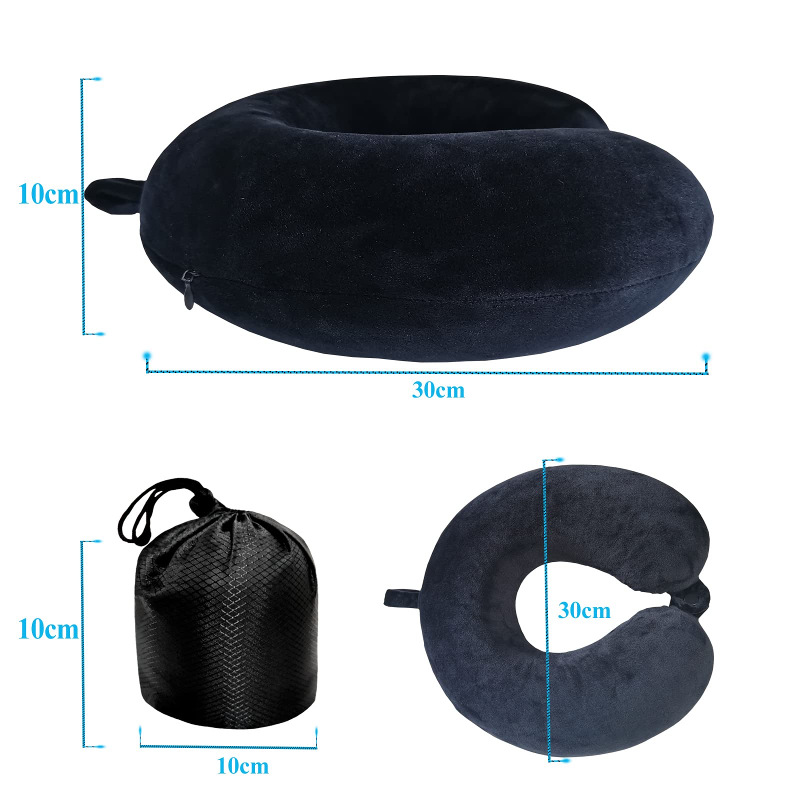 NavoX Cuscino da viaggio Cuscino collo in memory foam Cuscino di supporto, Maschera per dormire/tappo per le orecchie/sacchetto, confezione rapida compatta e leggera per campeggio,voli (nero)