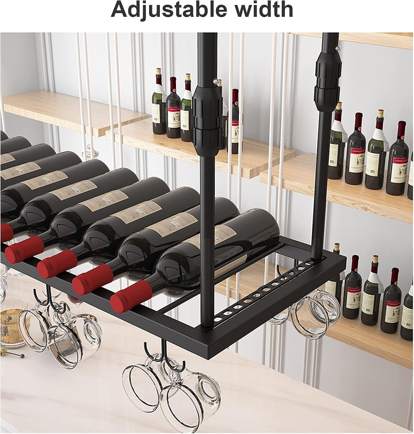 Multi-Function Wine Rack - Adjustable Wine Holder & Stemware nizer, Upside Down Hanging Storage Shelf for Home, Kitchen, and Bar - Perfect Wine Glass Hanger