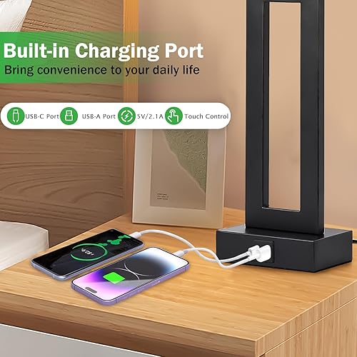 Miniatura 9 de Juego de 2 lámparas de mesita de noche para dormitorios, lámpara de mesa de control táctil, lámpara de noche con USB C+A, 3 vías regulables,