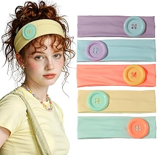 Solid Color Head Bands for Women,Wide Stretchy Cloth Headbands with Big Buttons,5-Pack Cute Hair Accessories Gifts for Daily Wear, Cosplay, Party and Retro Style