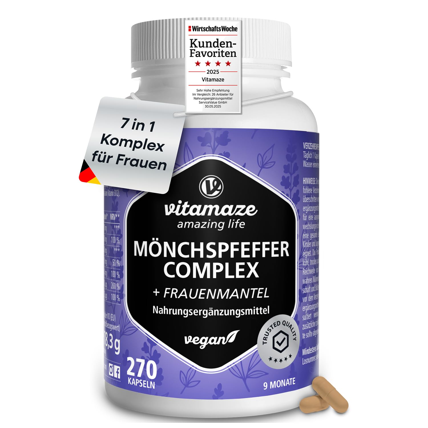 Vitamaze Mönchspfeffer 100 mg mit Frauenmantel, Vitamin C, Zink, B6, Bioaktives Folat & B12, 270 Vegane Kapseln für 9 Monate, Nur 1 Kapsel täglich, Made in Germany