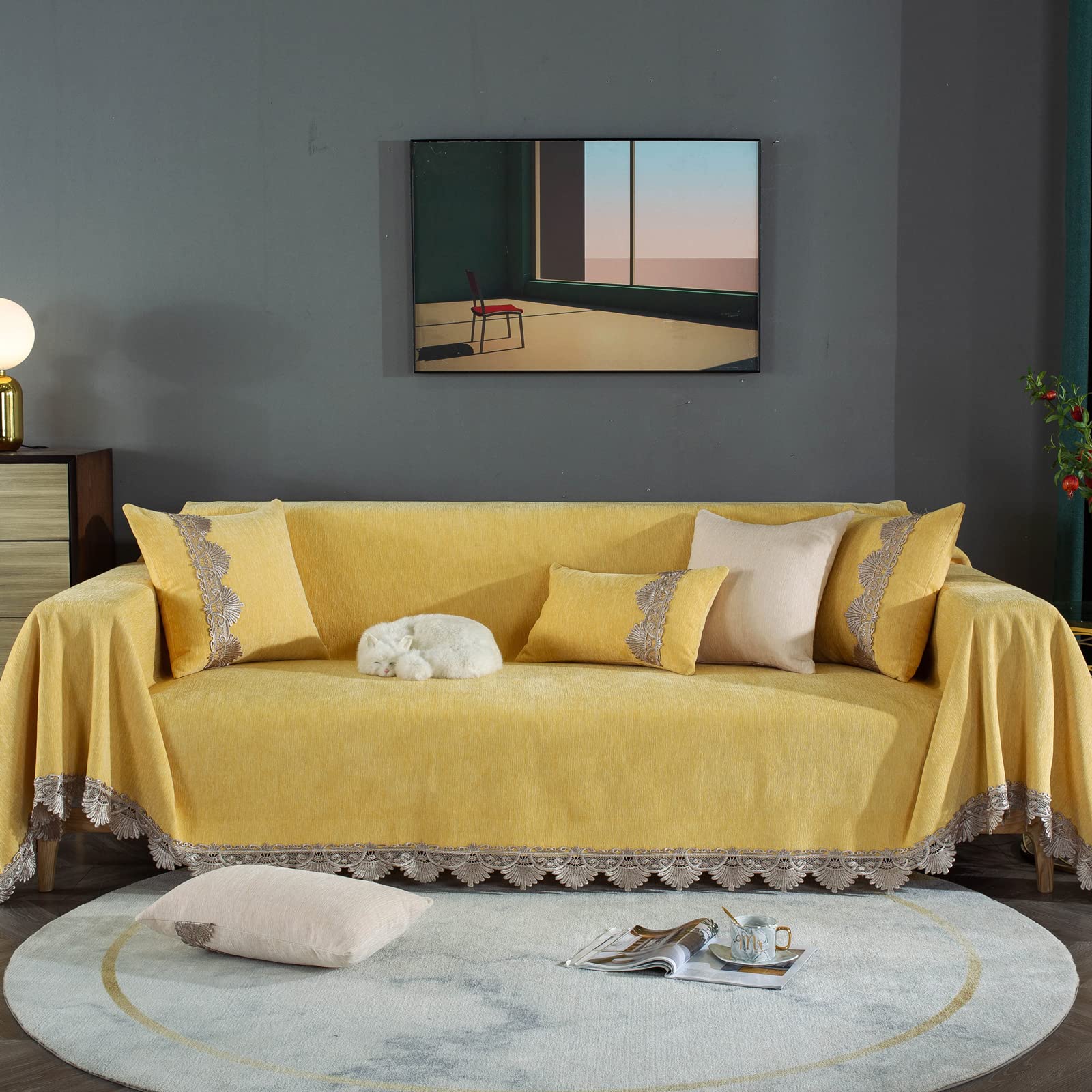 Housse de canapé chenille 4 places jaune 180x380 cm haut de gamme jeté de lit