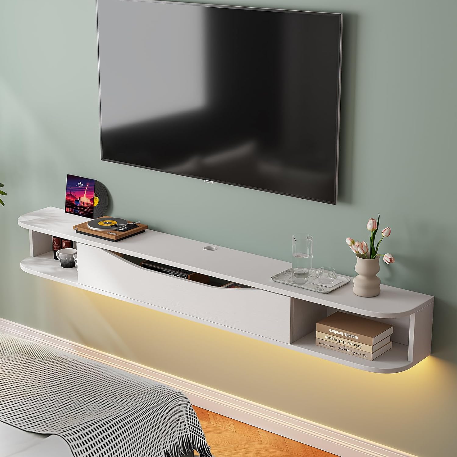 FurniNova Floating TV Stand,70'' Wall Mounted TV Cabinet,Floating TV Console,Under TV Shelf with 1 Door and 2 Cabinets for TVs up to 75''(White) - Image 7