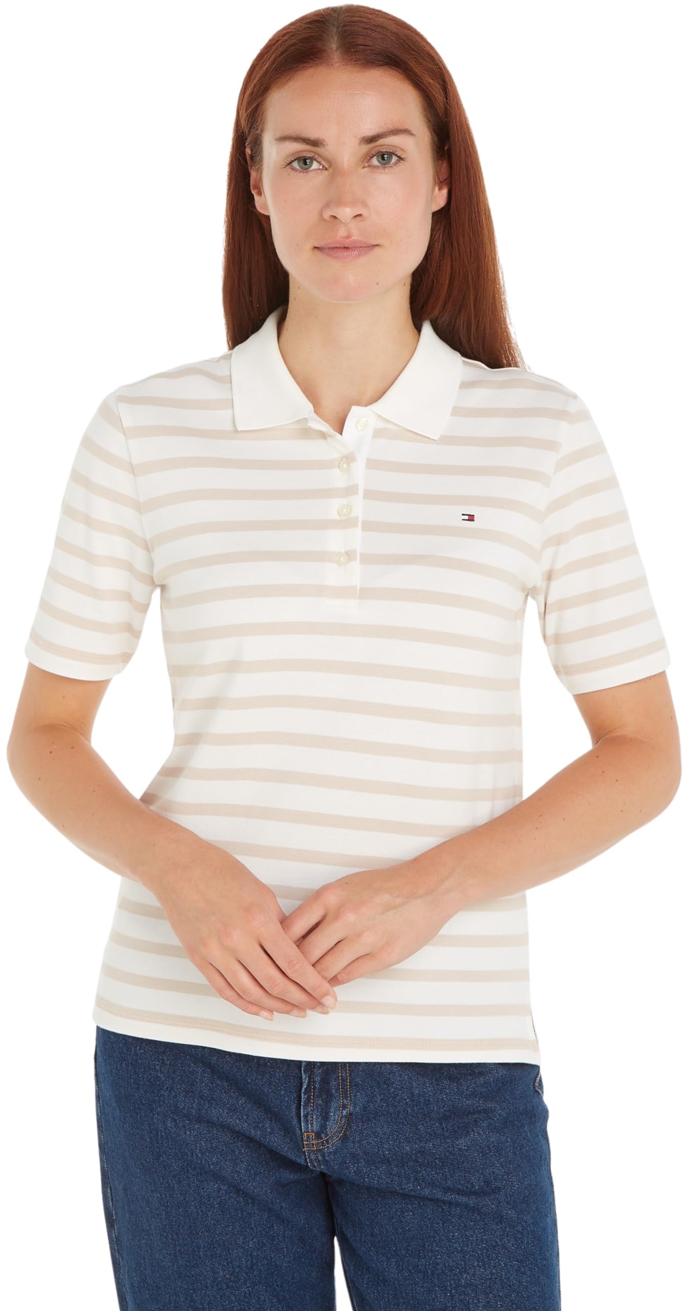 Tommy Hilfiger Damen Poloshirt Kurzarm 1985 Pique Stripe Polo Regular Fit
