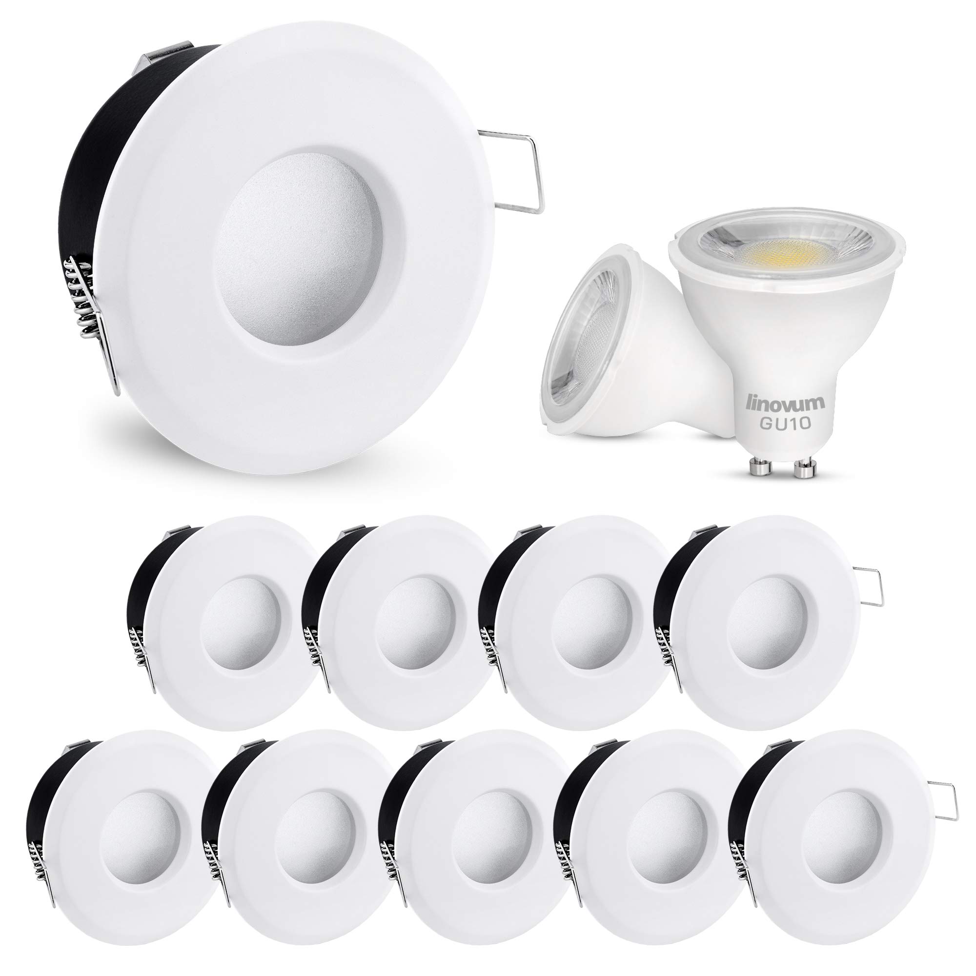 linovum 10x LED Bad Einbaustrahler SET IP65 weiß rund 230V - Ideal für Badezimmer, Küche oder Außen - Licht warmweiß 2W