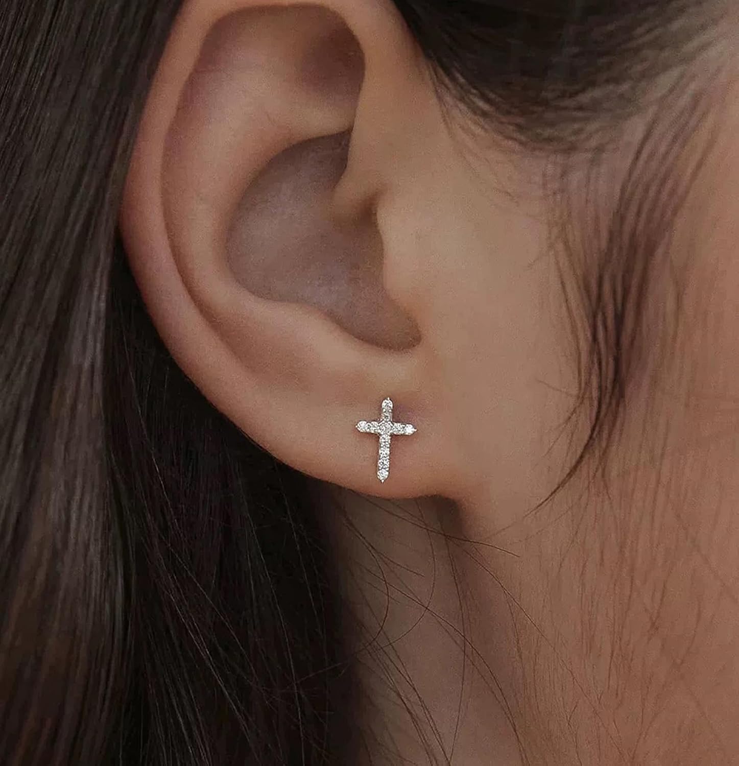Tiny Mini Cross Earrings, 14K White Gold Plated Small Cubic Zirconia Earrings Studs for Women Dainty Simple Jewelry Silver - Image 3