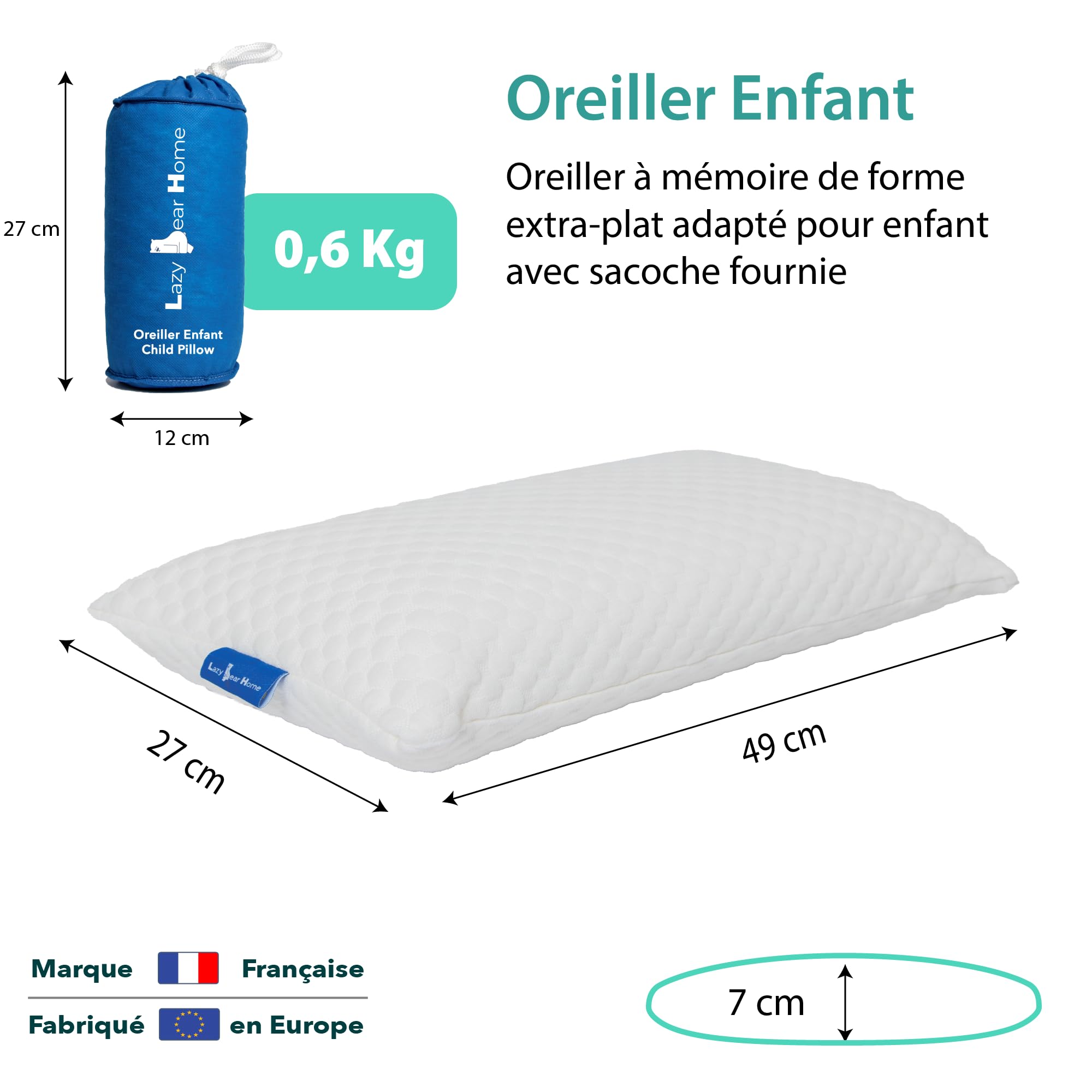 Oreiller Memoire Forme Enfant 2 Ans+ | Oreiller Ergonomique Cervical Sécurisé | Coussin Enfant Hypoallergénique | Certifié Oeko-TEX | Marque FR, Fabriqué UE | 49x27x7cm