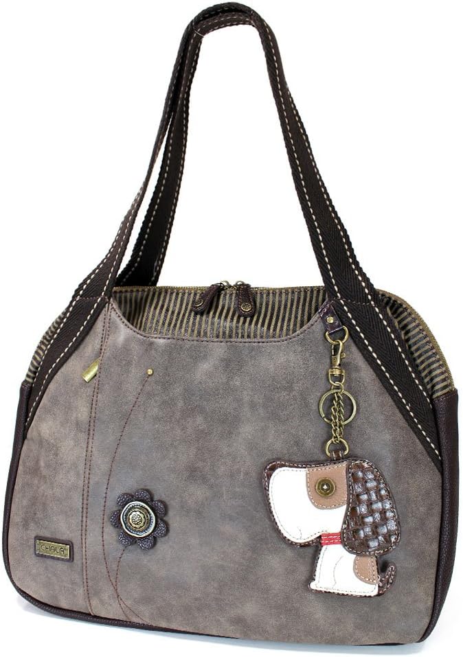 CHALA Handbags Large Bowling Tote Bag (Stone Grey) Dog Lovers Collection (Toffy Dog)