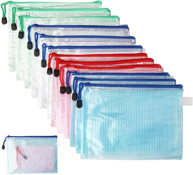 ZHIYE A5 Plastic Wallets, A5 Document Folders, Zip-lock Bags, Files Folder Bags 12 PCS for School, Office, Homework Cosmetics Blue,Green,White,Pink