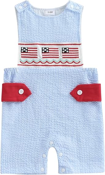 Newborn Baby Boy 4th of July Outfit Embroidery Plaid Sleeveless Romper Jumpsuit Overall One-Piece Patriotic Clothes American Flag Embroidered Blue, 12-18 Months