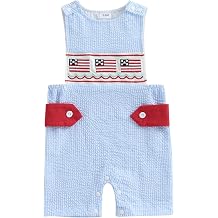 Newborn Baby Boy 4th of July Outfit Embroidery Plaid Sleeveless Romper Jumpsuit Overall One-Piece Patriotic Clothes American Flag Embroidered Blue, 12-18 Months