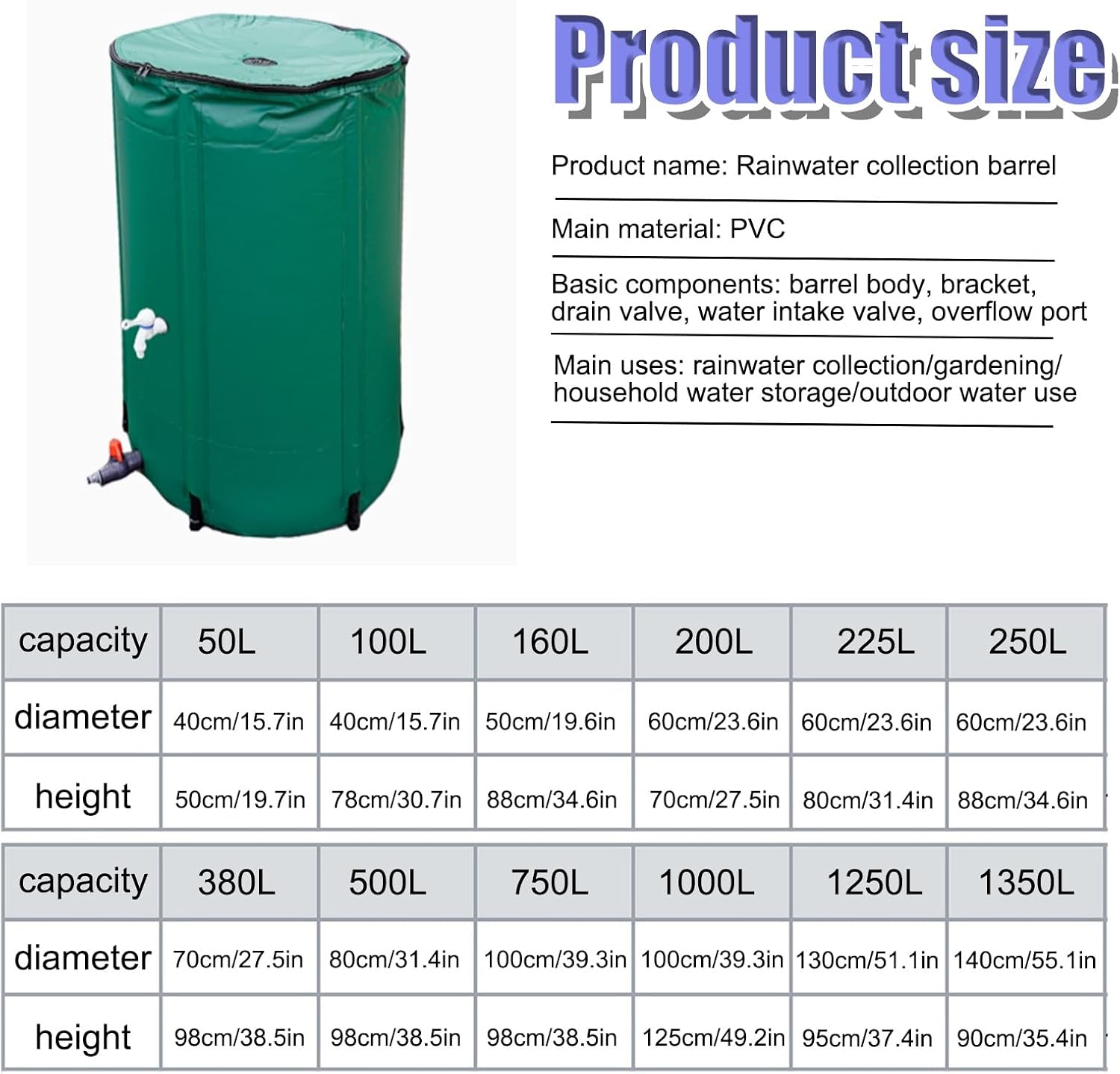 Folding Rainwater Collector with Volume Gauge Portable Rain Barrel for Garden Outdoor and Lawn UseWater Harvesting Solution(Noir,50L)