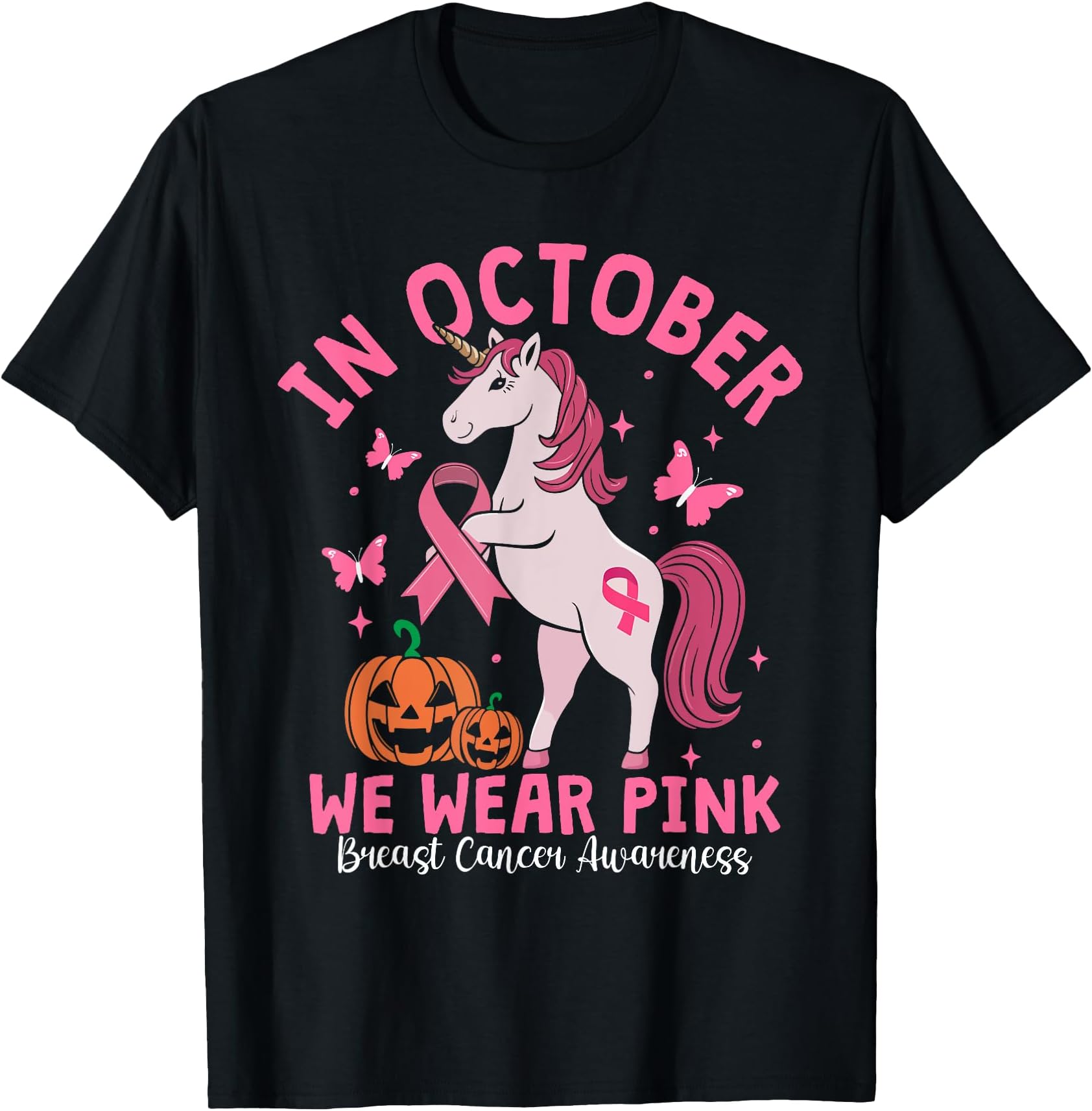 In October We Wear Pink Breast Cancer Awareness Girl Unicorn T-Shirt