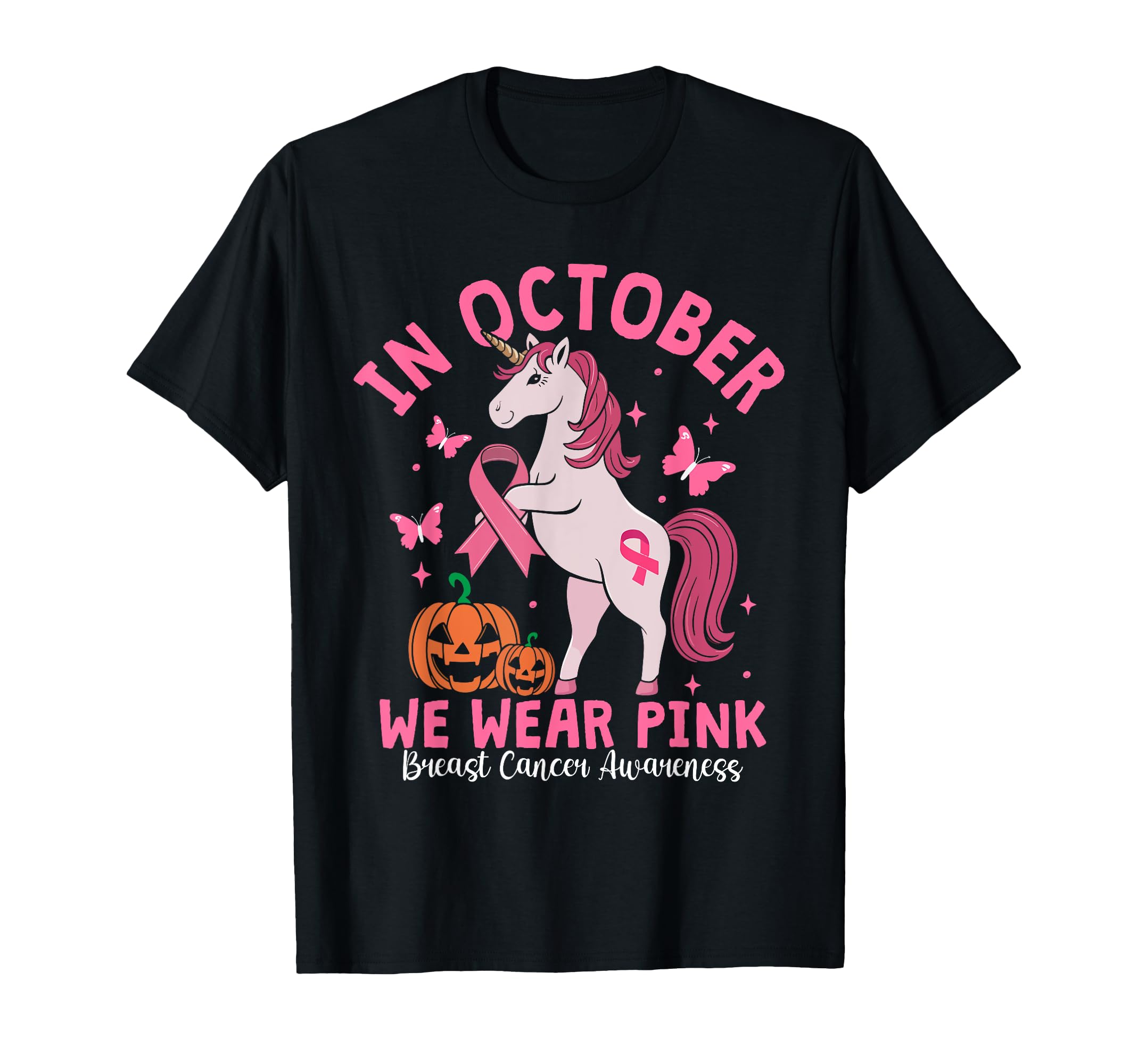 In October We Wear Pink Breast Cancer Awareness Girl Unicorn T-Shirt