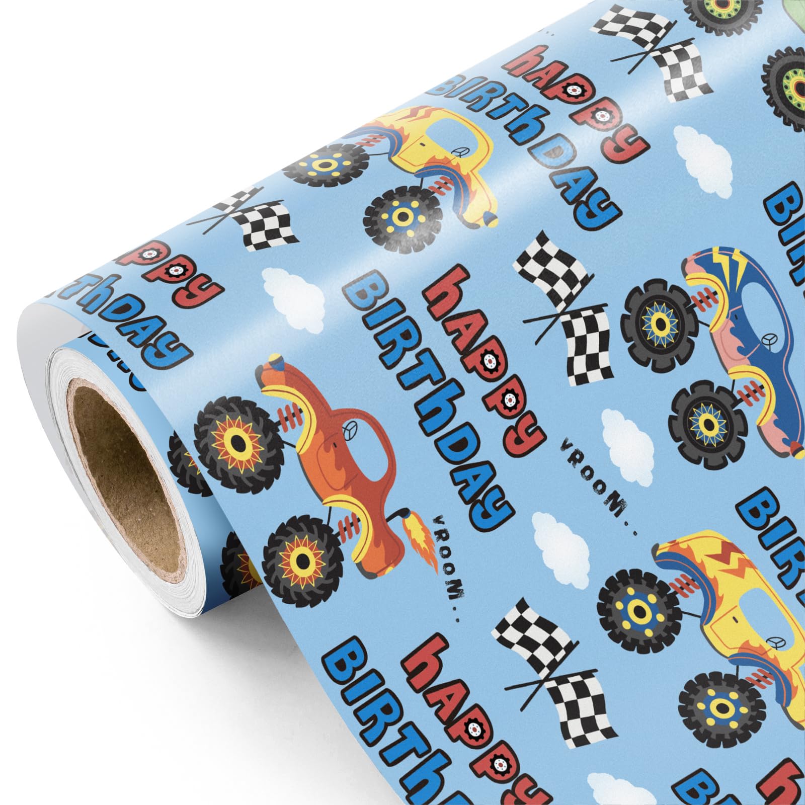 WRAPAHOLIC Truck Wrapping Paper - Mini Roll - 43.2cm x 5.2m - Light Blue Happy Birthday Wrapping Paper for Kids Boys Baby Shower Car Lovers
