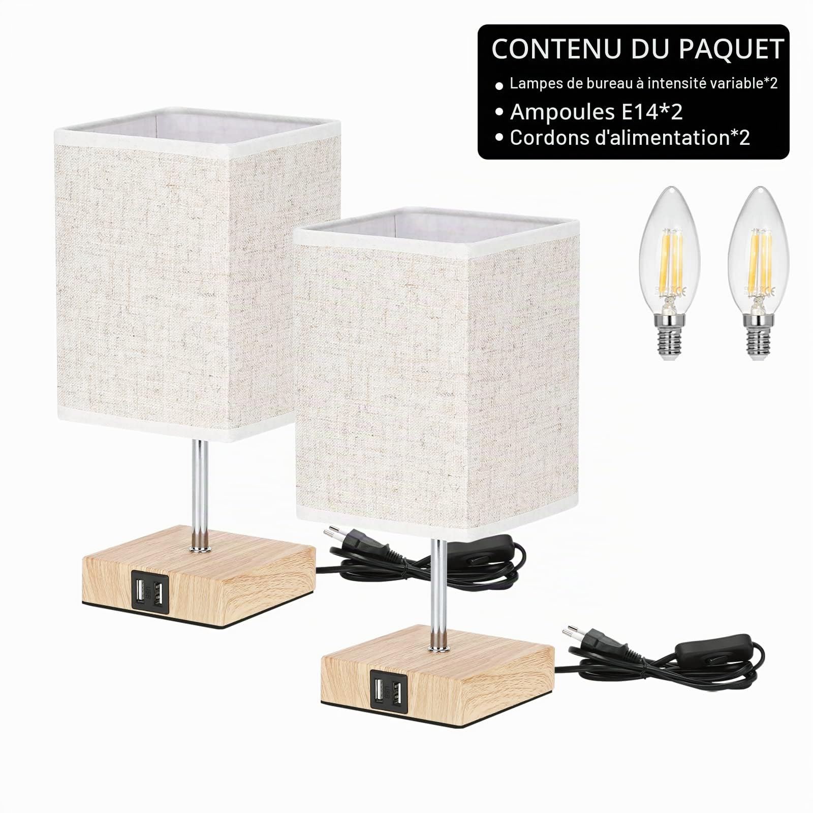 Lightess 2pcs Lampe de Chevet Bois Lampe de Chevet Tactile 3 Intensité USB Avec Ampoule E14 Abat-jour En Tissu Lampes De Table pour Chambre Bar Salon Hotêl Café Enfant Salon Bureau (Blanc Chaud) Carré