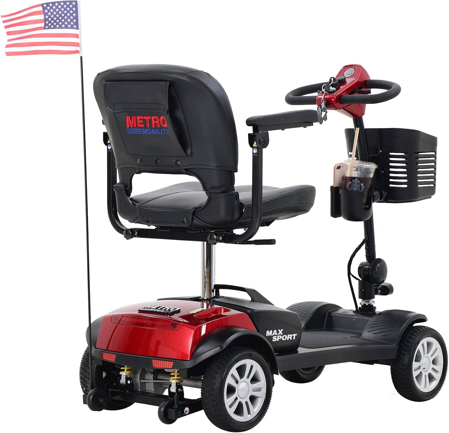 4 Wheel Mobility Scooters- Folding Electric Powered Wheelchair Device for Seniors Adults Elderly, Collapsible and Compact Heavy Duty Mobile for Travel with Basket (Max Sport, Red)