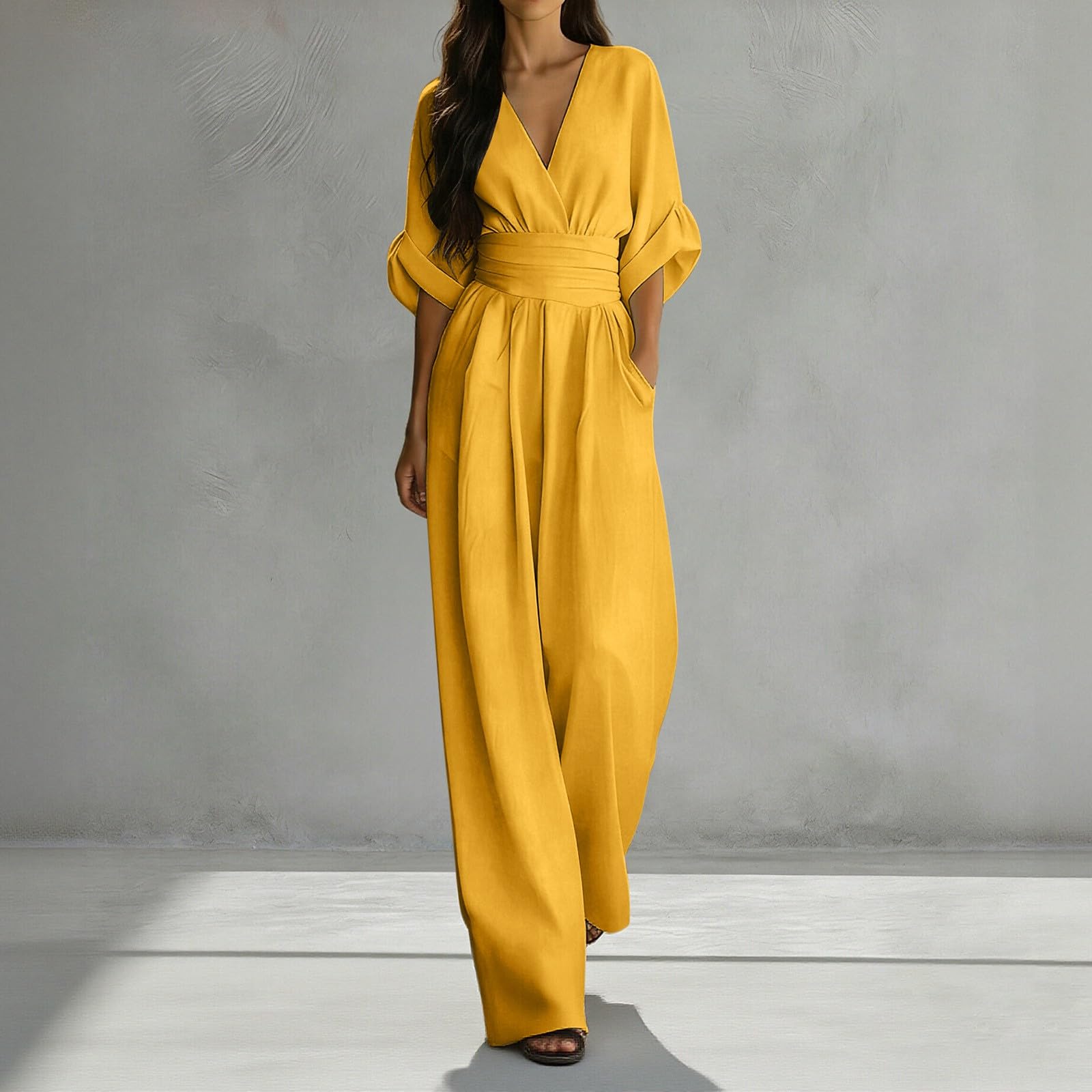 Lino Mono Mujer Elegante Media Manga Cuello en V Color Liso Moda Mujer Mono Casual Calle Glamour Monos Cintura Entallada con Bolsillo Ligera Cómodos para Fiesta Bodas Trabajo Oficina