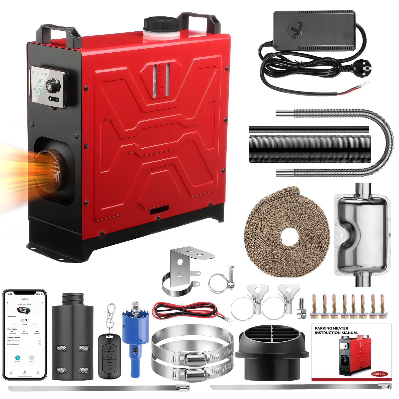 8KW Diesel Standheizung, 12V/24V Luft Dieselheizung mit APP & Fernbedienung, All in One Lufterhitzer mit Schalldämpfer für Auto Wohnmobil RV Boote LKW KFZ mit LCD-Anzeige