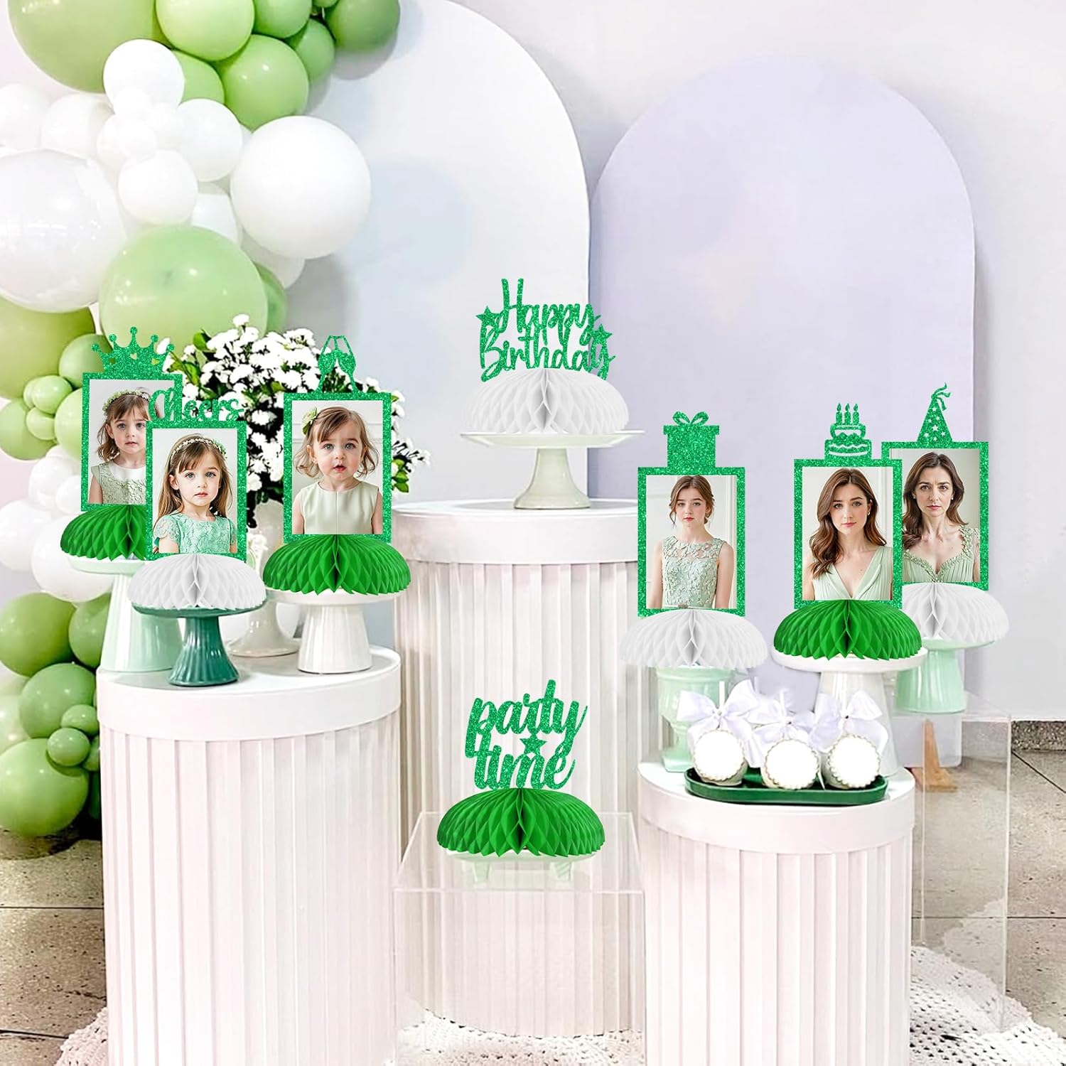 Cheereveal 8 Pieces Happy Birthday Honeycomb Centerpieces, Green Glitter Photo Table Topper, Cheer to 1st 2nd 3rd 16th 21st 30th 40th 50th Bday Anniversary Party Decorations Supplies