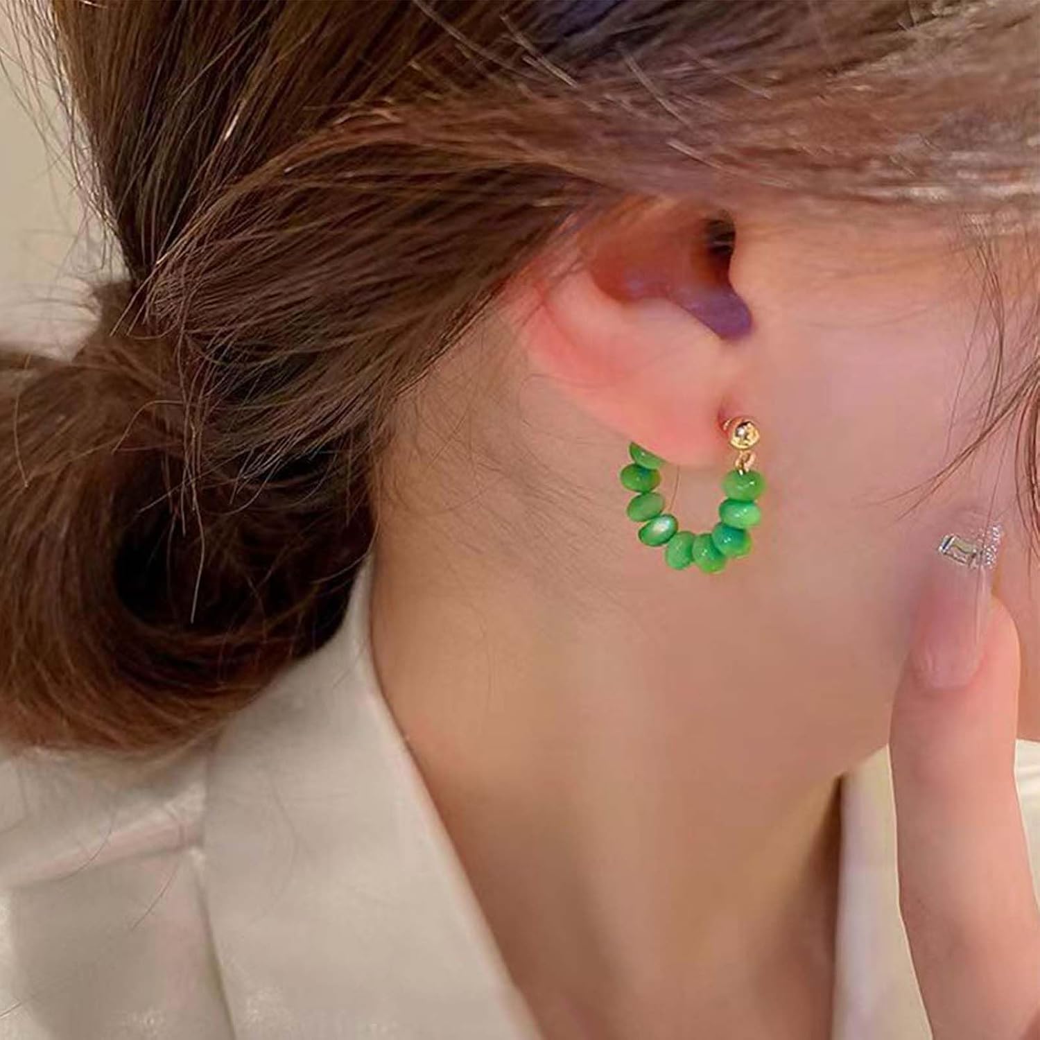YienDoo Emerald Huggie Hoop Drop Earrings Gold Pierced Green Gem Ear Cuff Lightweight Baroque Bead Dangle Earrings Statement Wedding Prom Opal Wrap Studs Earrings St. Patrick's Day Jewelry for Women image 2