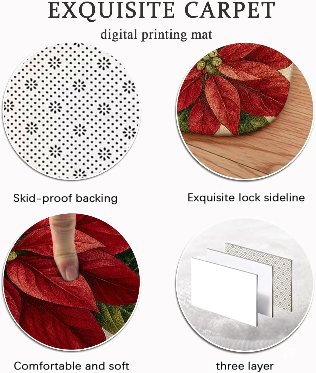 Poinsettia Area Rug, Christmas Traditional Leaves Berries Christmas Red Non-Slip Doormat Rectangle Print Accents Rug Entryway Bathroom Laundry Room Bedside Decor 3' X 5'