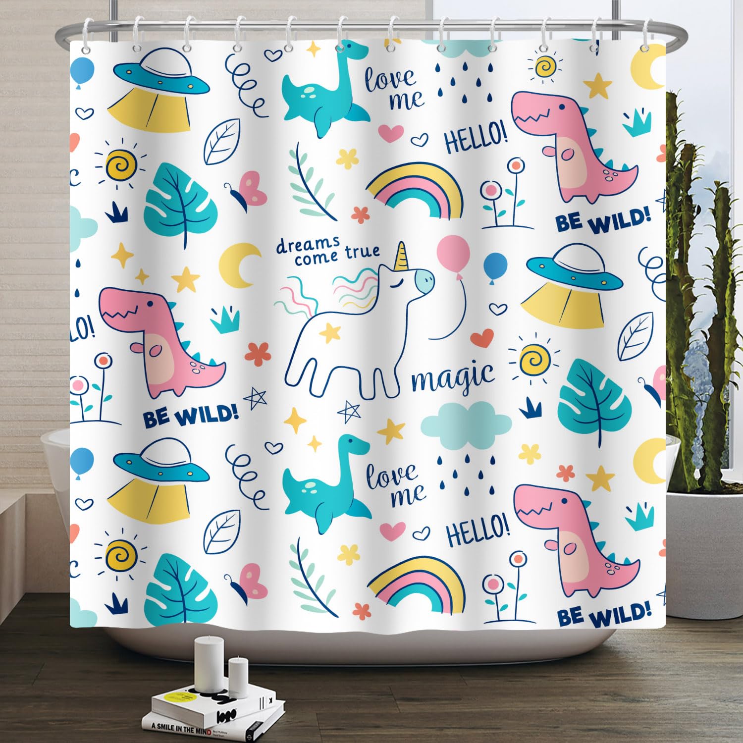 Dreamy Theme Bathroom Shower Curtain Cartoon Dino Dinosaur Rainbow Magical Shower Curtain with Hooks Waterproof Fabric Polyester Shower Curtain for Kids Girls Bath Decorative, 69x70 Inch