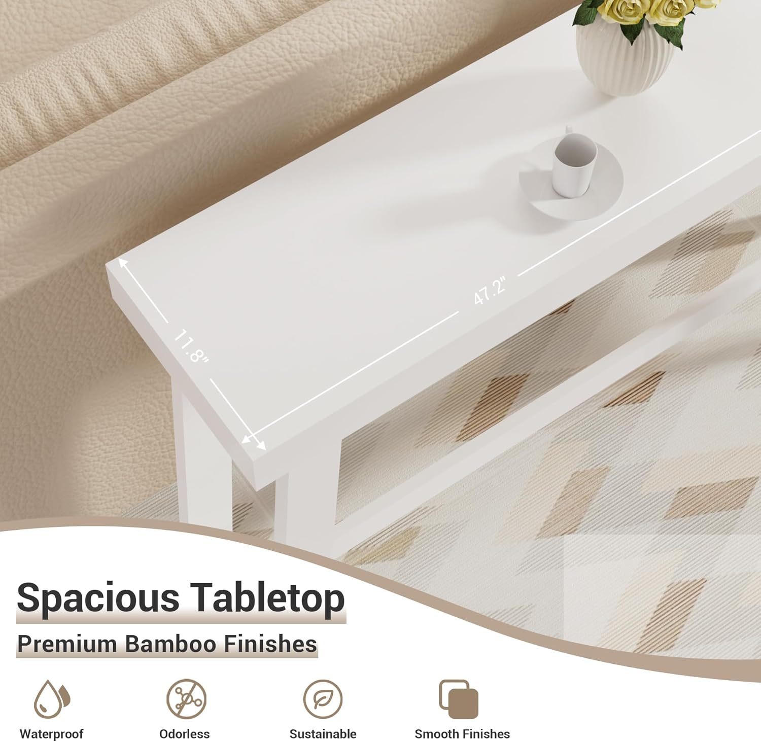 Bamboo Wood Entryway Table 47.2" Console Table, Narrow Sofa Table with Support Beam for Entrance, Hallway, Living Room, Bedroom, Foyer(White) - Image 5