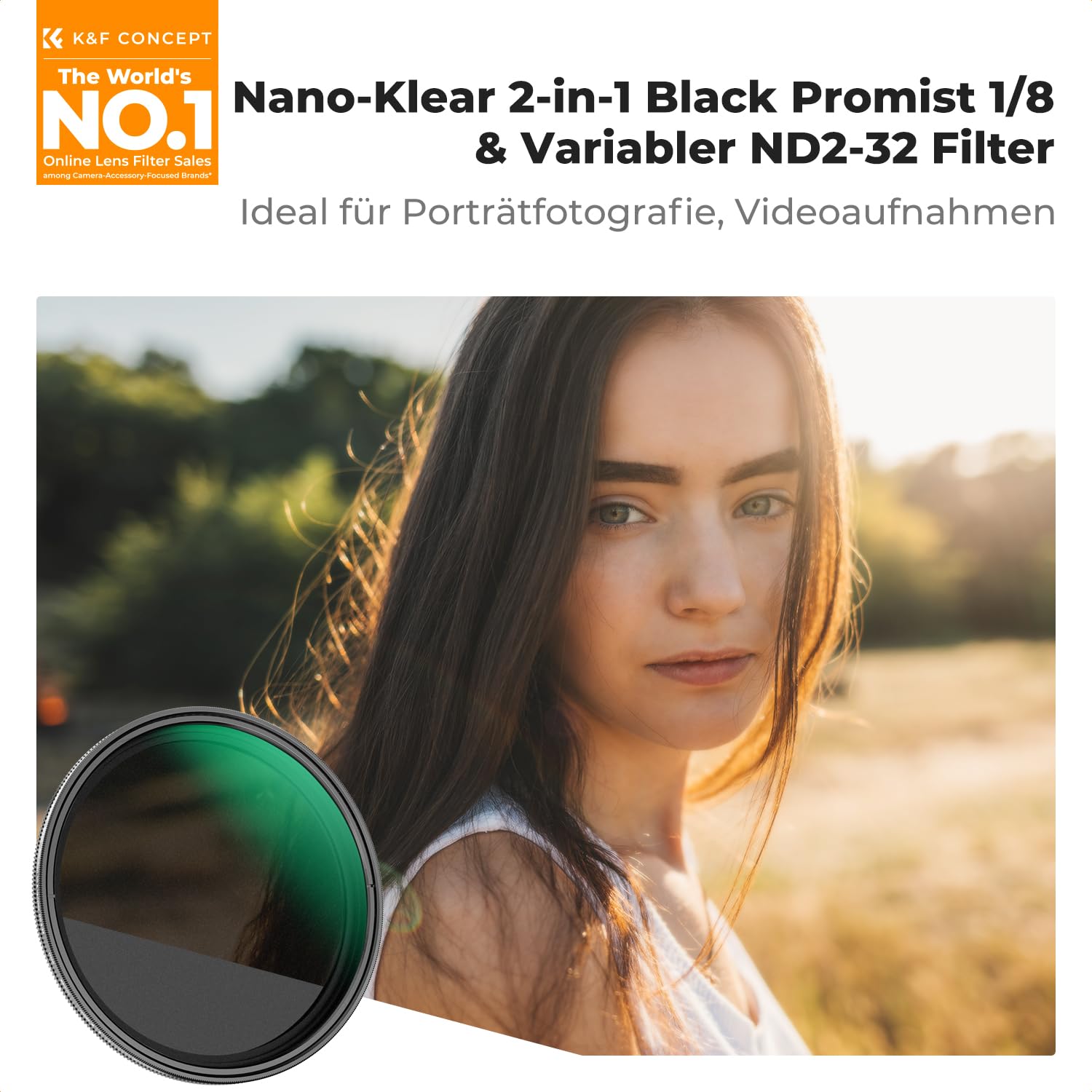 K&F CONCEPT 2-IN-1 Filter 67mm Black Mist 1/8 & ND2-ND32 Filter,Black Promist 1/8 & Variabler ND2-32 (1-5 Blendenstufen) mit Multi-Beschichtung (Nano-Klear)