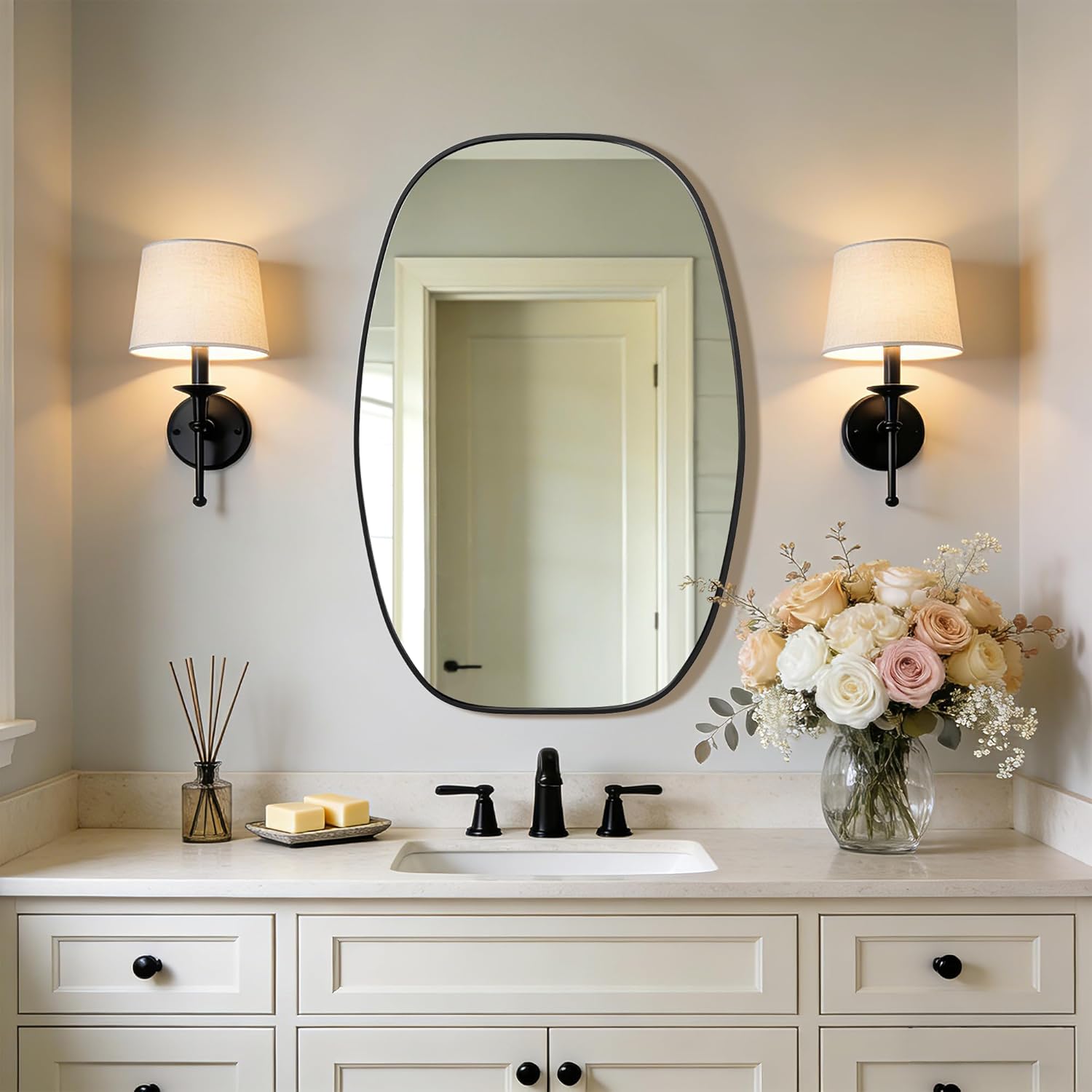 30''x20'' Black Oval Bathroom Mirror for Over Sink, Metal Framed Mirror Rectangular Rounde for Wall, Vanity Mirrors Rectangular Oval for Living Room, Dresser, Hallway, Entryway