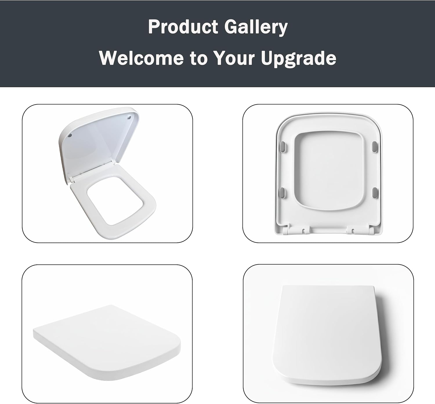 MinSha Square Toilet Seat MinS03, Glossy Finish, Fits 16.5" (Approx. 16.1"–17"), Soft Close Lid, Quick-Release Hinges, Heavy-Duty PP, Easy Installation