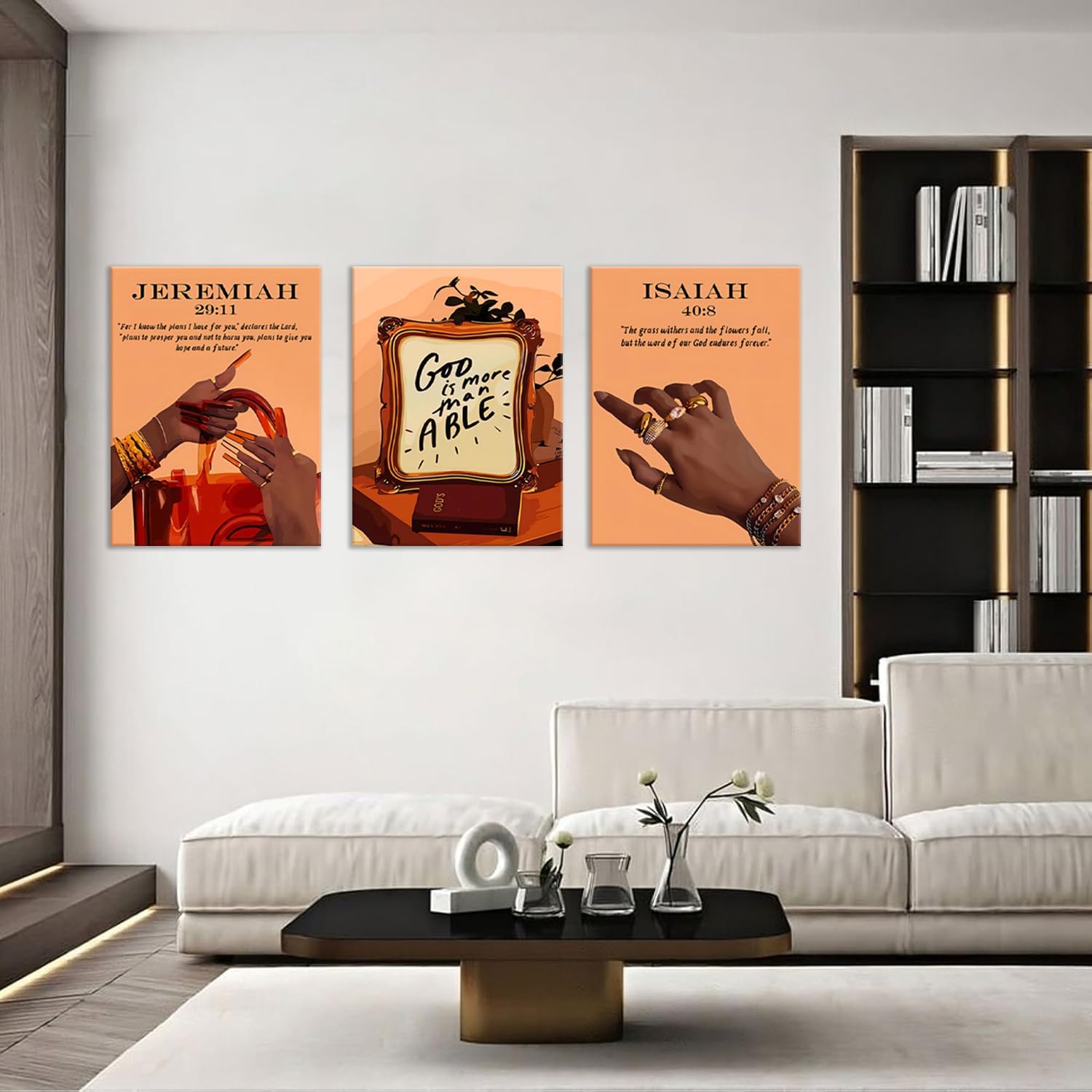Trend Black Girl Canvas Wall Art Set of 3,Bible Verse Poster Prints, Abstract Fashion African American Woman Pictures Christian Religious Wall Decor for Bedroom Living Room Home Decor12x16In Framed