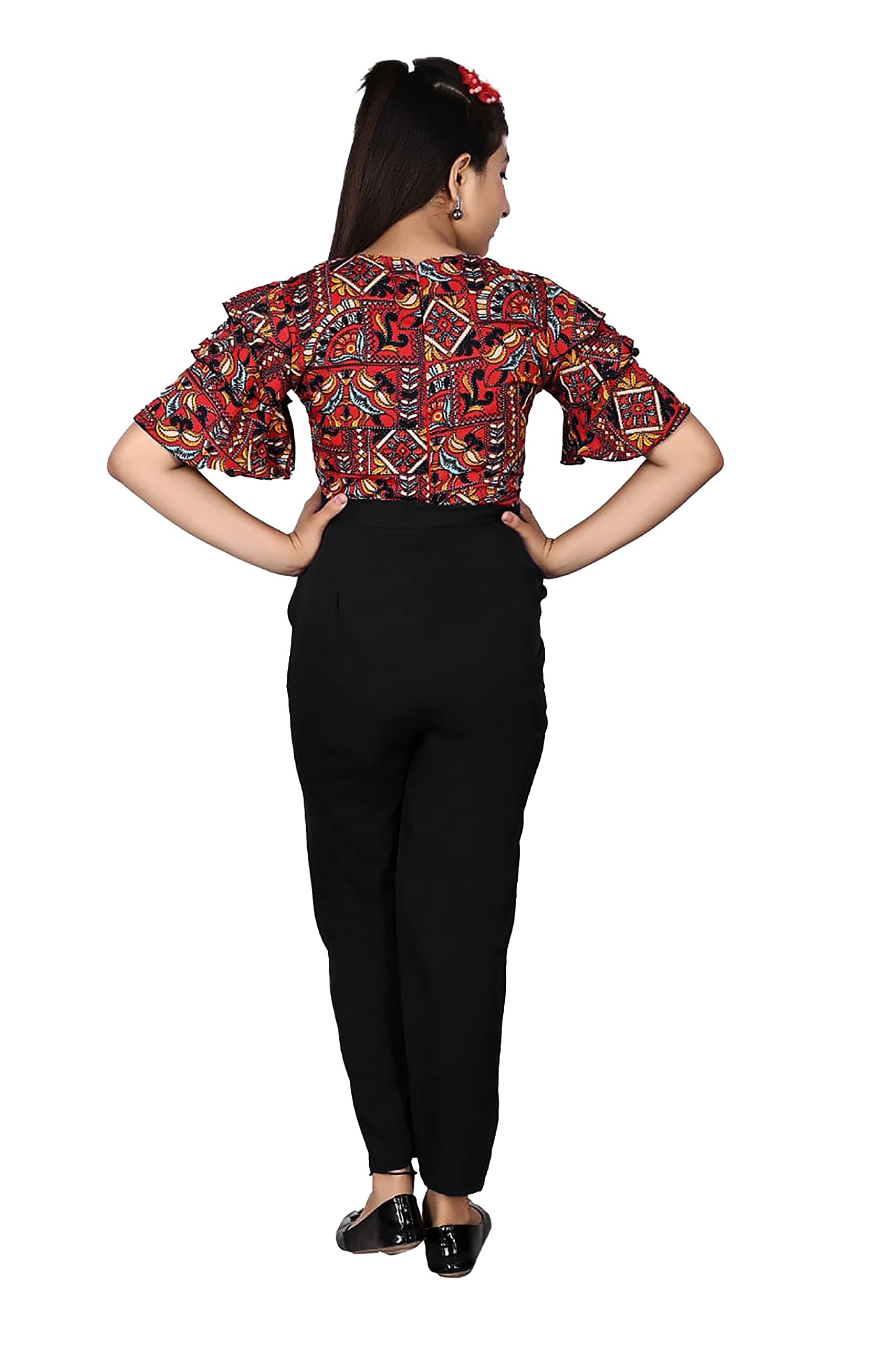 ORIEX THE ORIGINAL FASHION Girls Flared Sleeves Printed Jumpsuit-66 (11-12 years, Red-Black, 1) - Image 2 thumbnail