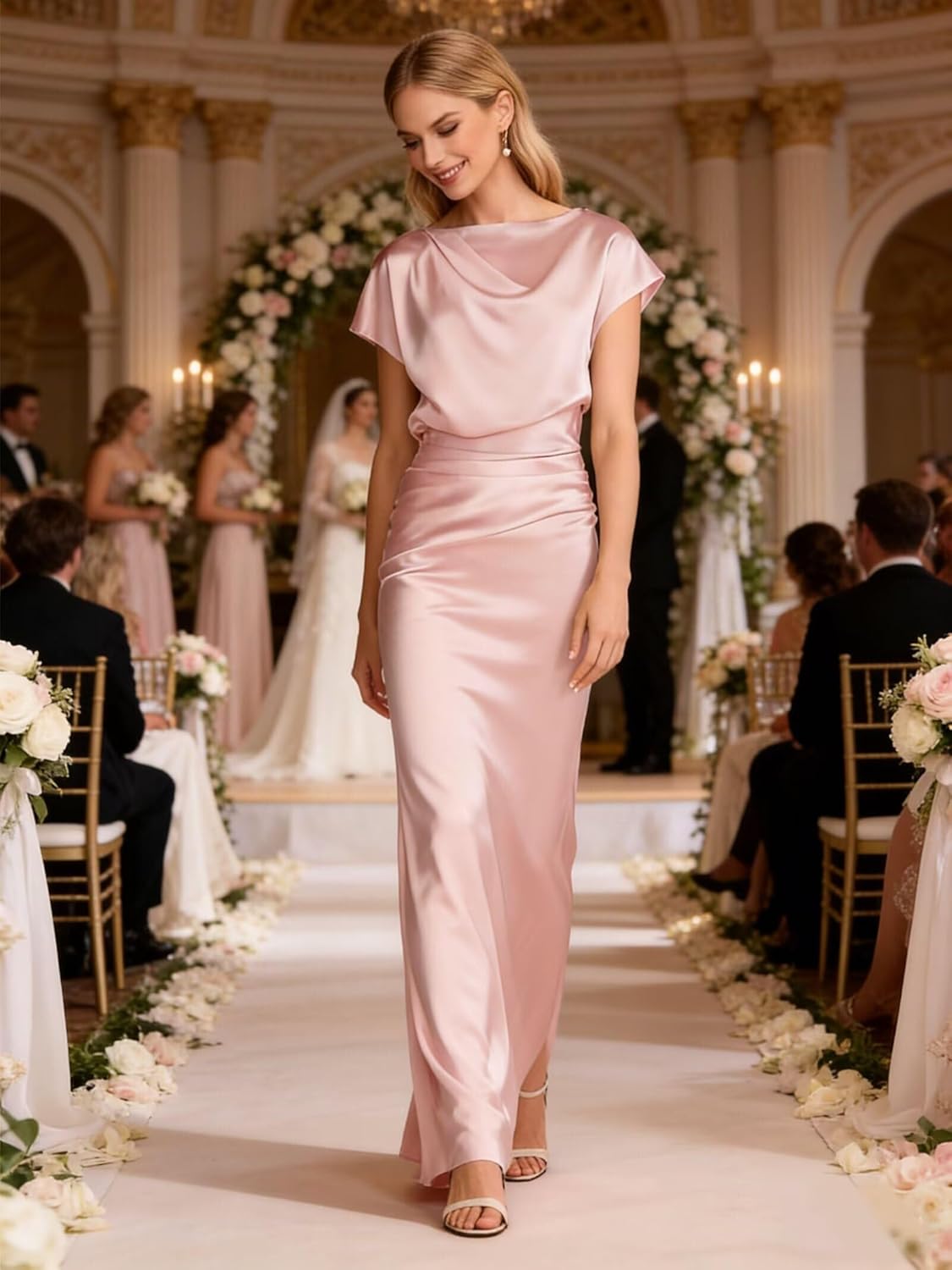 Satin Mother of The Bride Dress for Wedding Long Mermaid Ruched Cap Sleeve Cowl Neck Formal Wedding Guest Dresses